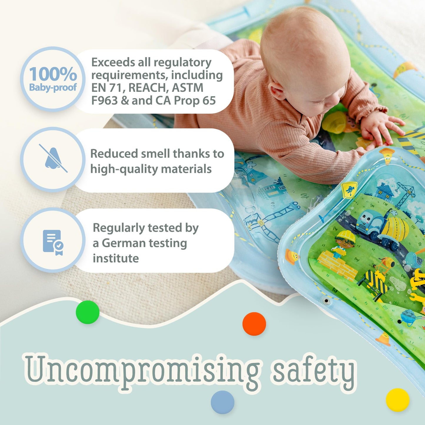 Tummy Time Water Mat for Babies – XXL Sensory Baby Water Play Mat – Award-Winning Infant Activity Mat for Motor Development – Premium, Baby-Safe Water Tummy Time Mat – Construction Site