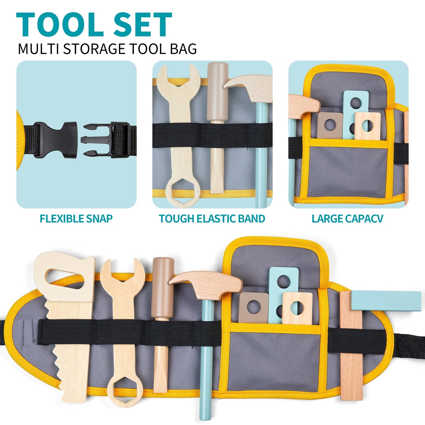 Kids Tool Bench,Wooden Play Tools Set with Kids Tool Belt Toddlers Workbench Pretend Construction Tools Set Wooden Toy Drill Gift for Boys & Girls Age 3-5