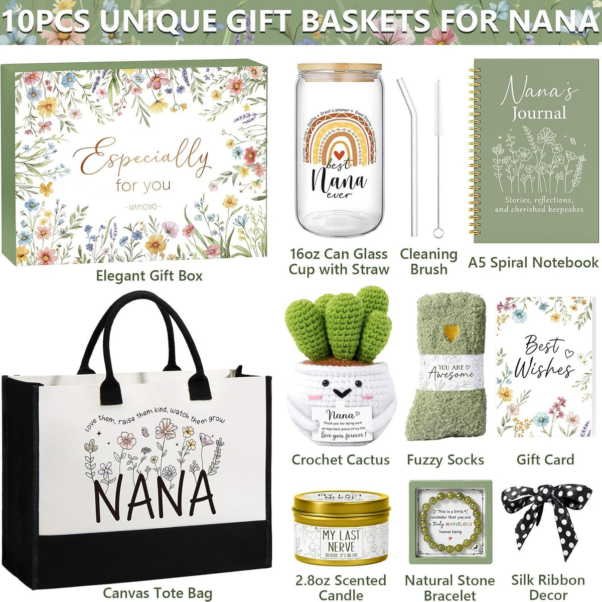 Best Grandma Christmas Gifts for Nana from Granddaughter Grandchildren Grandkids, Unique Nana Birthday Gifts for Grandma Gift Basket for Grandmother Gigi, New Granny Gift Set with Canvas Tote Bag