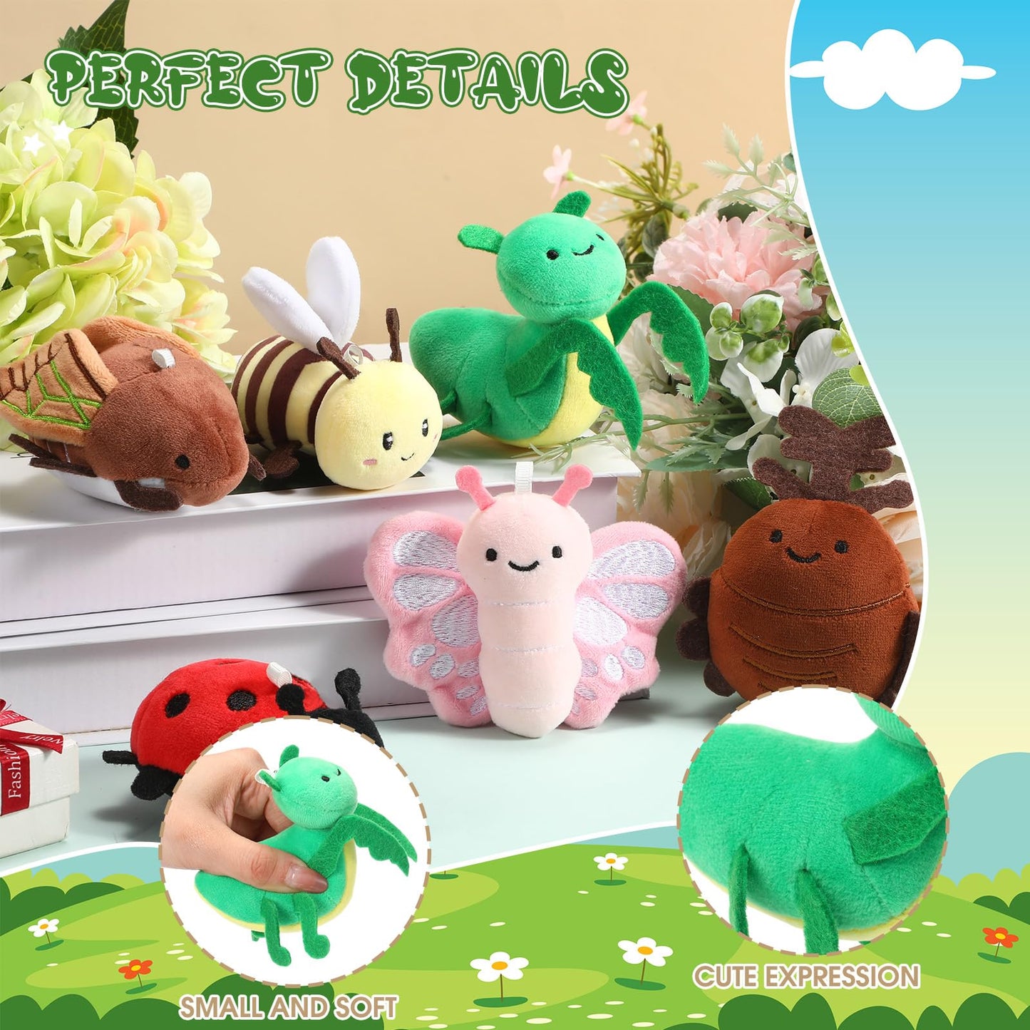 Meooeck 6 Pcs Cute Insect Plush 4 Inch Bug Stuffed Animals Ladybug Moth Beetle Bee Butterfly Mantis Keychains for Birthday Party Favors Classroom Prizes Christmas Stuffers Animal Collections