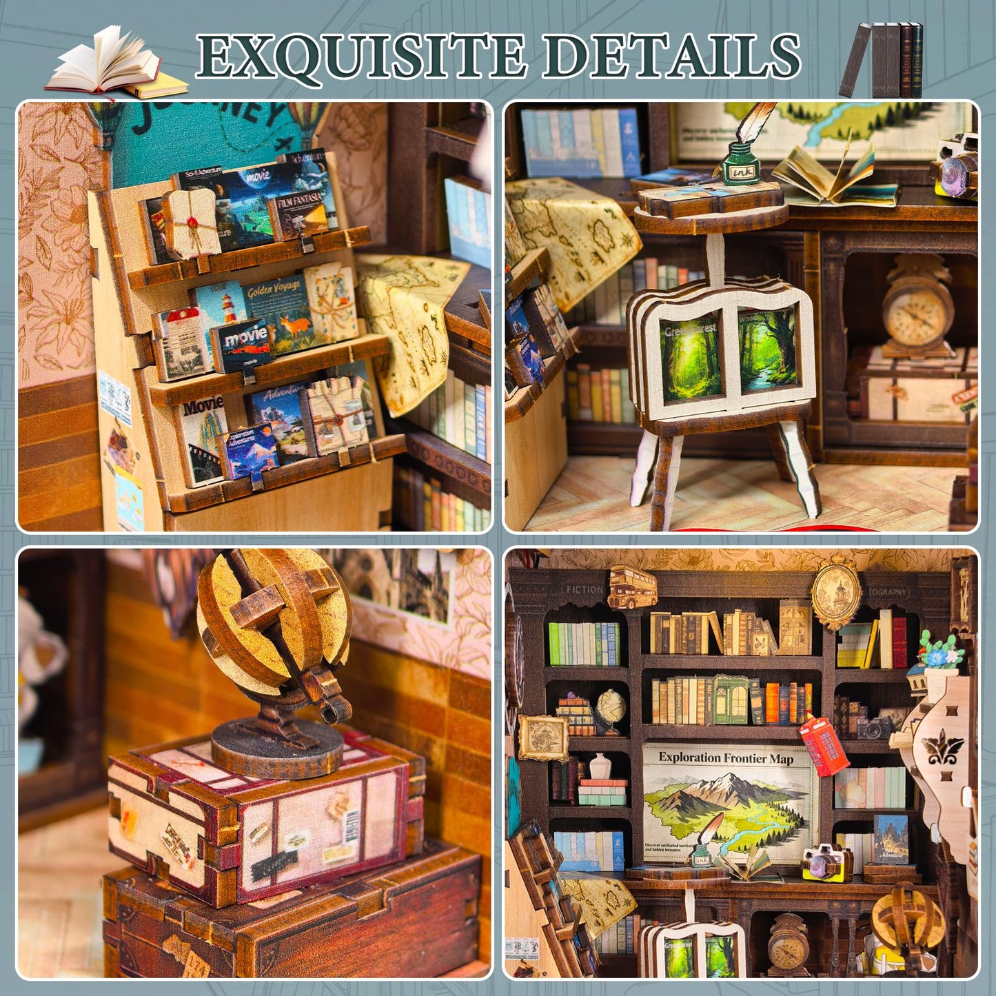DIY Miniature Dollhouse Book Nook Kit – Reading Corner Bookshop Bookshelf Insert with LED Lights, Tiny House Model for Adults & Teens, Booknook Library Home Decor & Gift Idea for Family and Friends