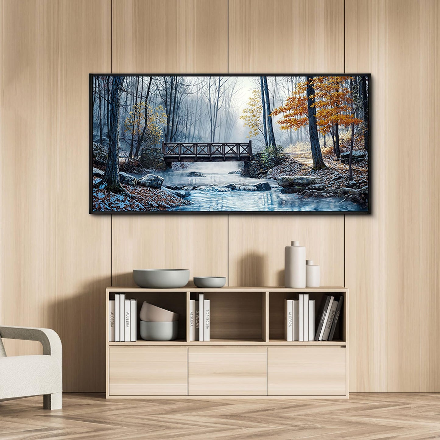 yiijeah Large Living Room Wall Art - Modern Wall Decor for Bedroom Office Decor Mountain Forest Landscapes Village Bridge Painting Framed Canvas Prints Ready to Hang Pictures Home Decor