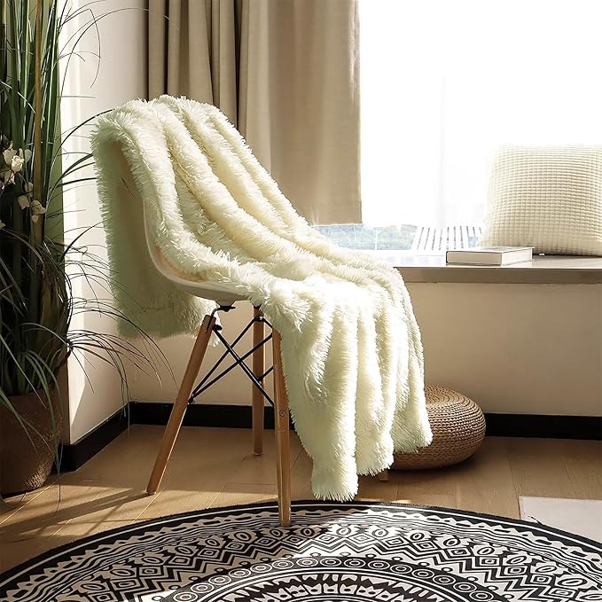 Tuddrom Decorative Extra Soft Faux Fur Blanket Twin Size 70" x 78",Solid Reversible Fuzzy Long Hair Shaggy Fluffy Cozy Plush Fleece Comfy Microfiber Blanket for Couch Sofa Bed,Light Yellow