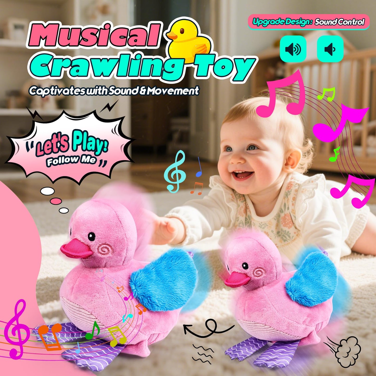 Esjay Crawling Musical Duck Plush Toy and Busy Board, Dancing Bouncing Recording Walking Sensory Toys for Boys Girls Toddlers