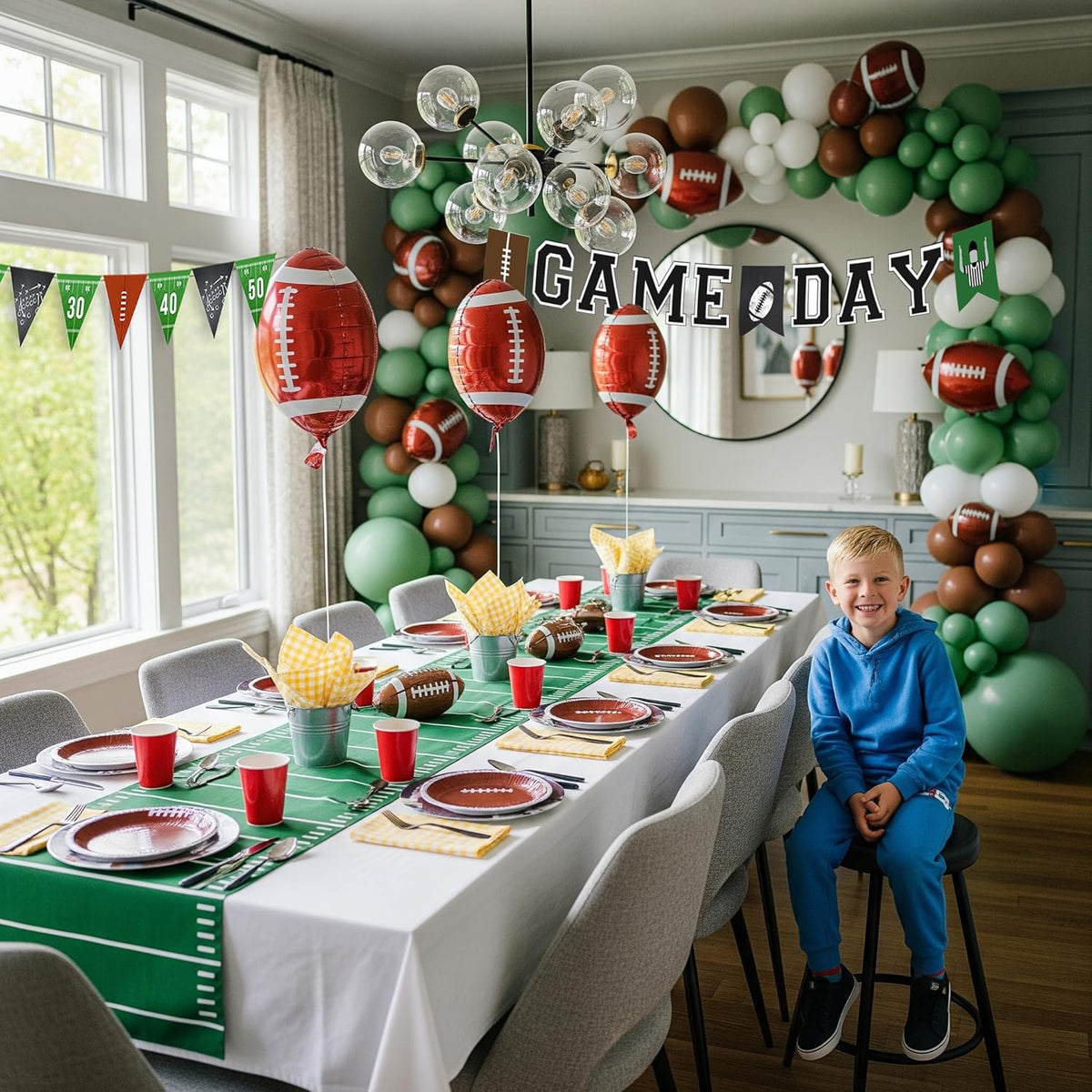 Football Balloon Garland Arch Kit Sage Green and Brown Balloons with Football Foil Balloon Game Day banner for Touch Down Rugby Super Bowl Sport Theme Party Decorations