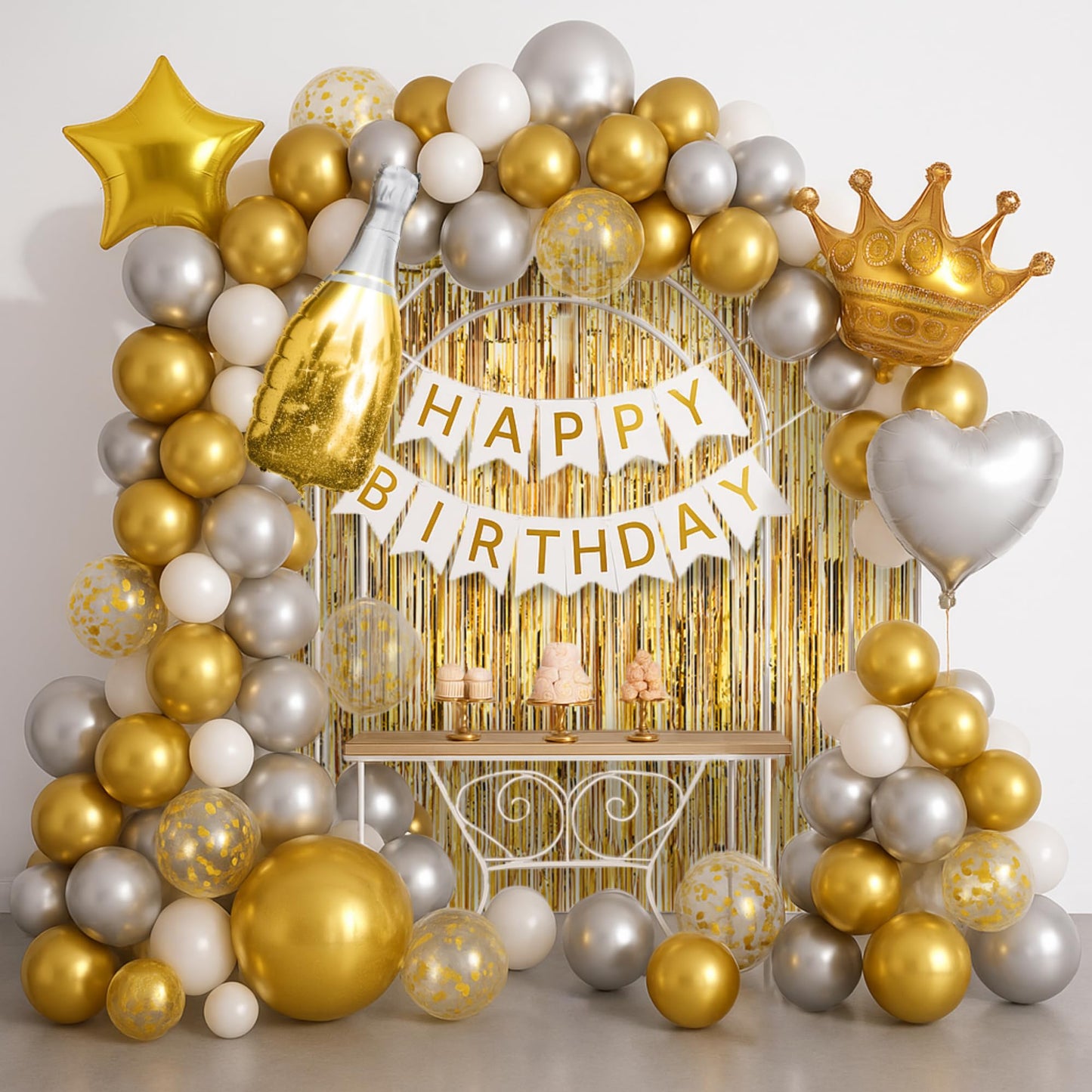 BURGANN Gold Birthday Party Decorations Set, White Silver Gold Balloon Garland Kit with Banner, Crown, Champagne Bottle, Foil Backdrop