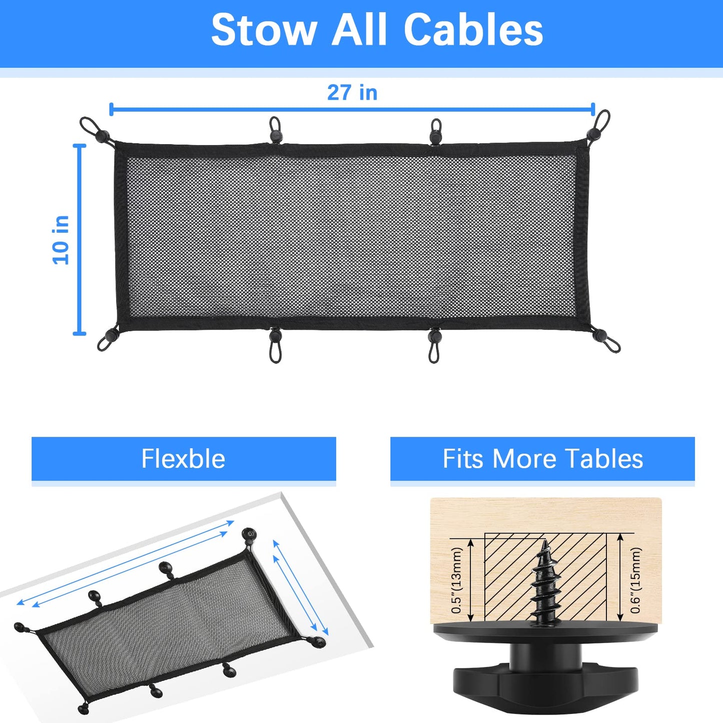 Cable Management Net Under Desk Kit,Privacy Mesh Cable Manager Flexible Under Desk Wire Net Large Capacity Cord Organizer Net for Office,Standing Desk, Home, 26 X 10 Inches