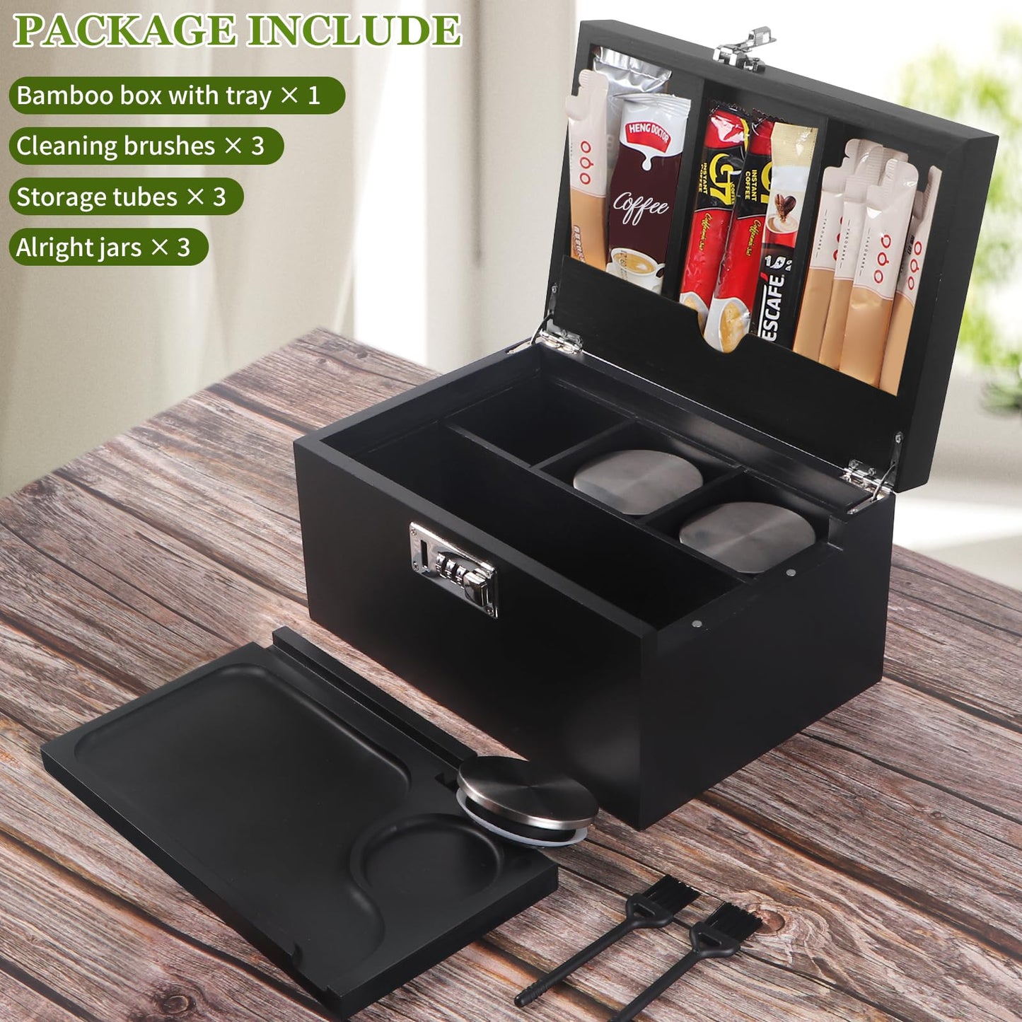 Large Black Bamboo Box with Combination Lock, Premium Storage Box with Removable Tray & Detachable Compartments, Wooden Decorative Boxes with Alright Jars & Brushes & Tubes for Great Gift Choice.