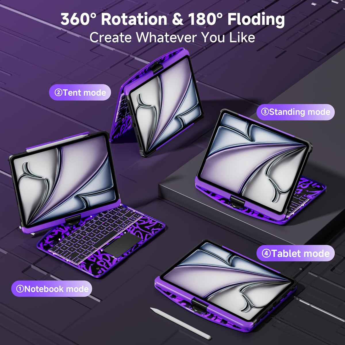 iPad Keyboard Case for 2024 M4 iPad Pro 13 inch, Magic Wireless Keyboard with Trackpad 7 Color Backlit, 360° Rotating Stand Transparent Protective Cover with Pencil Holder (Purple)