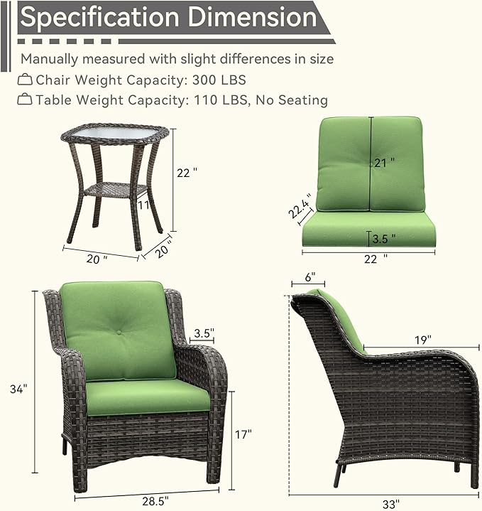 3 Pieces Outdoor Patio Chairs Set - Wicker Patio Conversation Sets with 1 Side Table, Olefin Fabric Cushions Suitable for Backyard Deck and Porch,Green