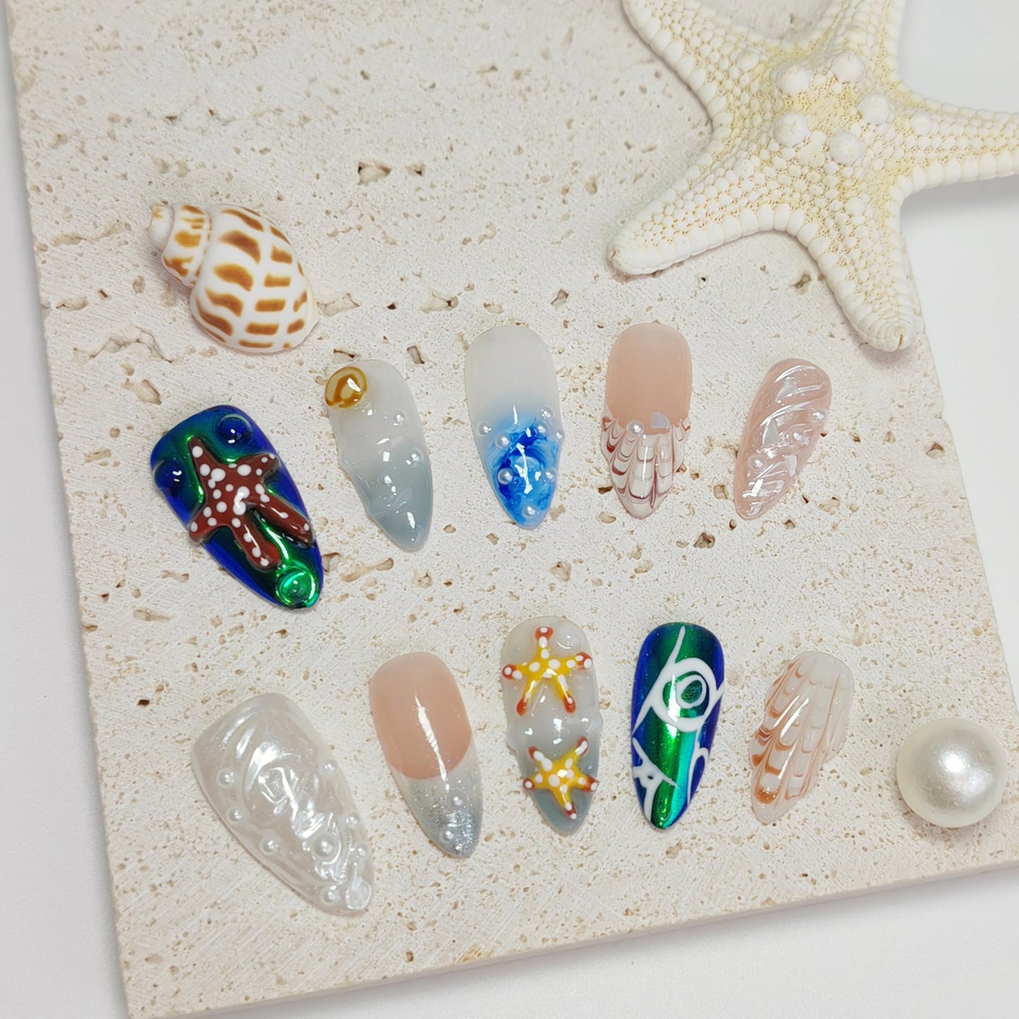 Almond Press on Nails Handmade Medium Long/Stiletto 3D Flower Fake Nail with Designs, Women Reusable False Nails (Ocean Starfish, M)