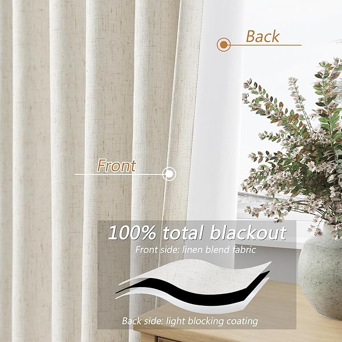 Guken Cream 100% Blackout Linen Curtains 96 Inch Length 2 Panels Set for Living Room Bedroom Back Tab Thermal Insulated Black Out Drapes Room Darkening Window Curtains Ivory Natural