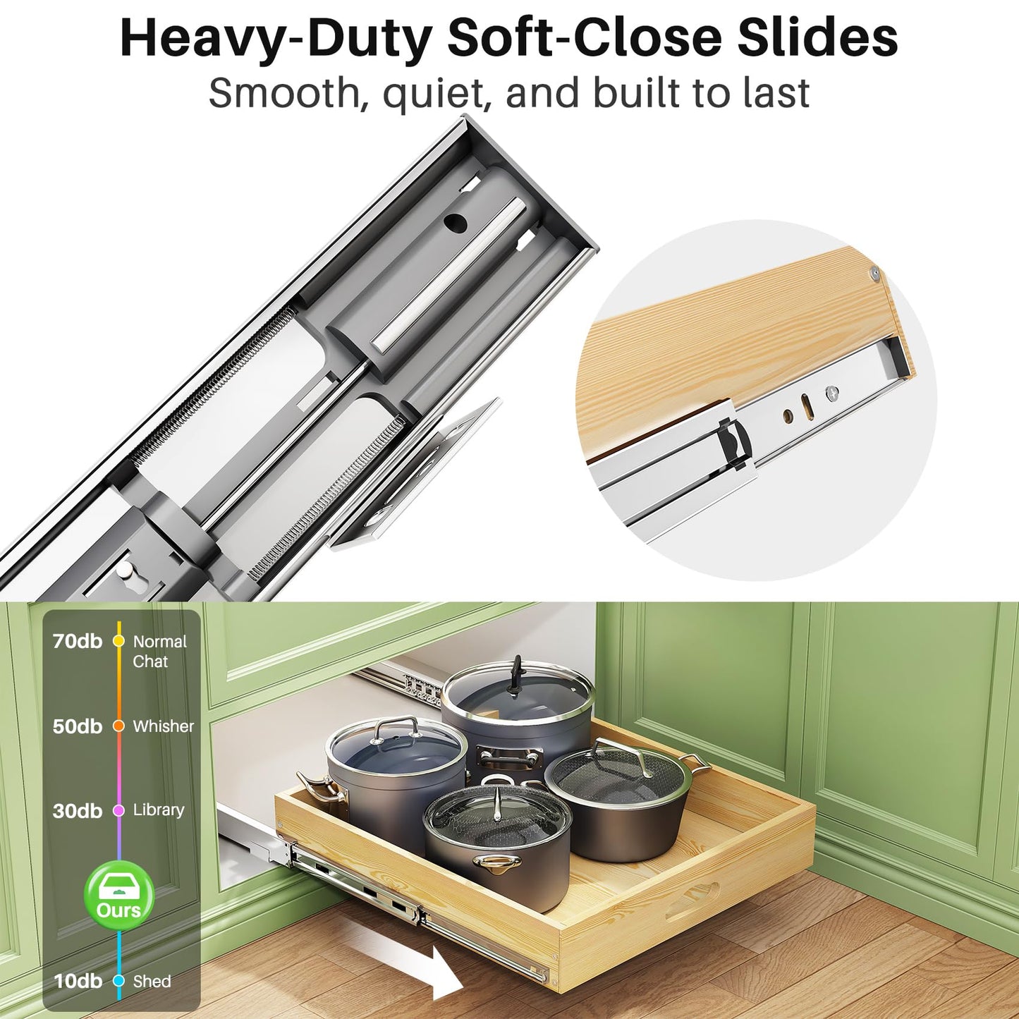 Pull Out Cabinet Organizer, Soft Close Wooden Slide Out Drawers for Pots and Pans, Full-extension Roll Out Shelves for Kitchen Cabinets, Pantry Organization, Bottom & Side Mount(15"W X 21"D x 3.4''H)