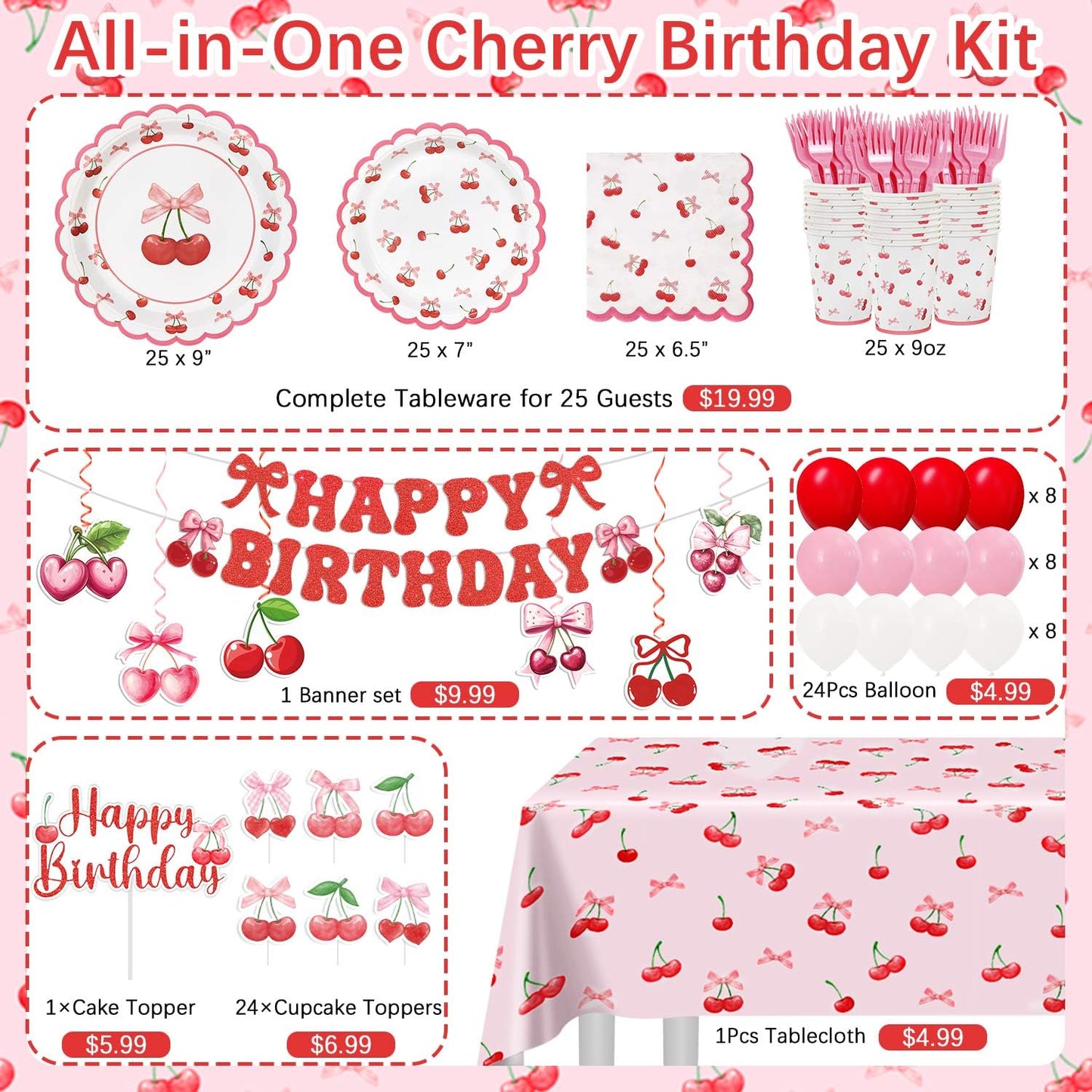 Cherry Birthday Decorations, 182Pcs Cherry Plates Napkins Cups Forks Tablecloth Banner Hanging Swirls Cupcake Toppers and Ballons for Cherries Themed Party Decorations