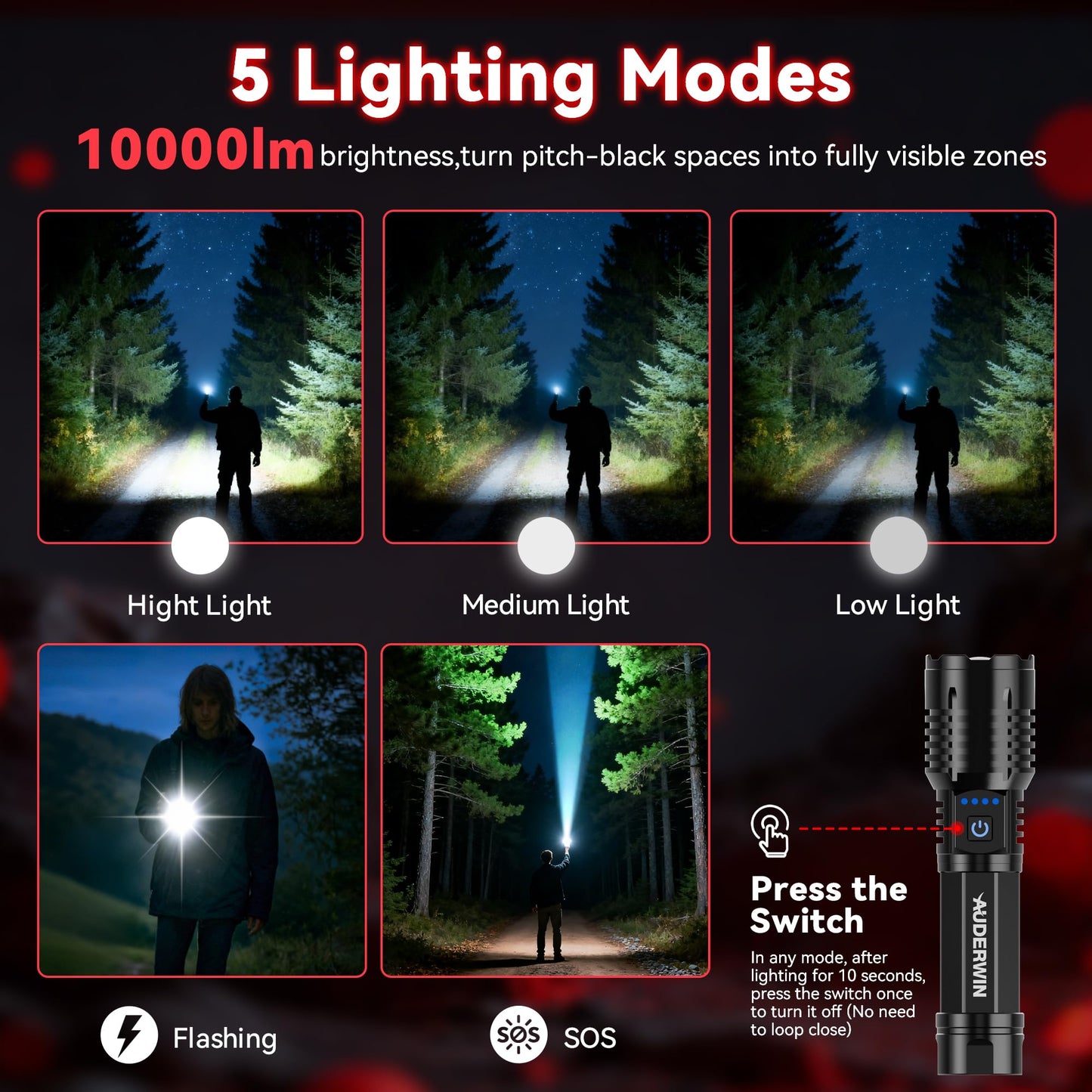 AUDERWIN G5 Rechargeable Flashlights 10000 High Lumens, EDC Flashlight with 365nm Black Light UV Flashlight & Laser Pointer for Emergency Detection Camping, Multifunctional 2-in-1 Set Gifts for Men