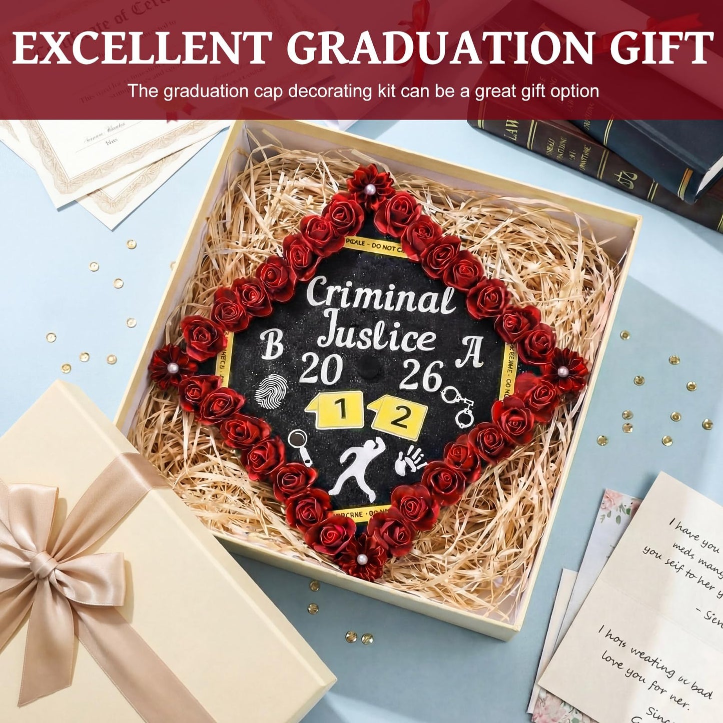 Dunzoom 39 Pcs Criminal Justice DIY Graduation Cap Decorations Set Grad Cap Topper Artificial Flowers Crime Scene-themed Number & Letter Stickers for Wreath Grad Hap Graduation Ceremony Party Supplies