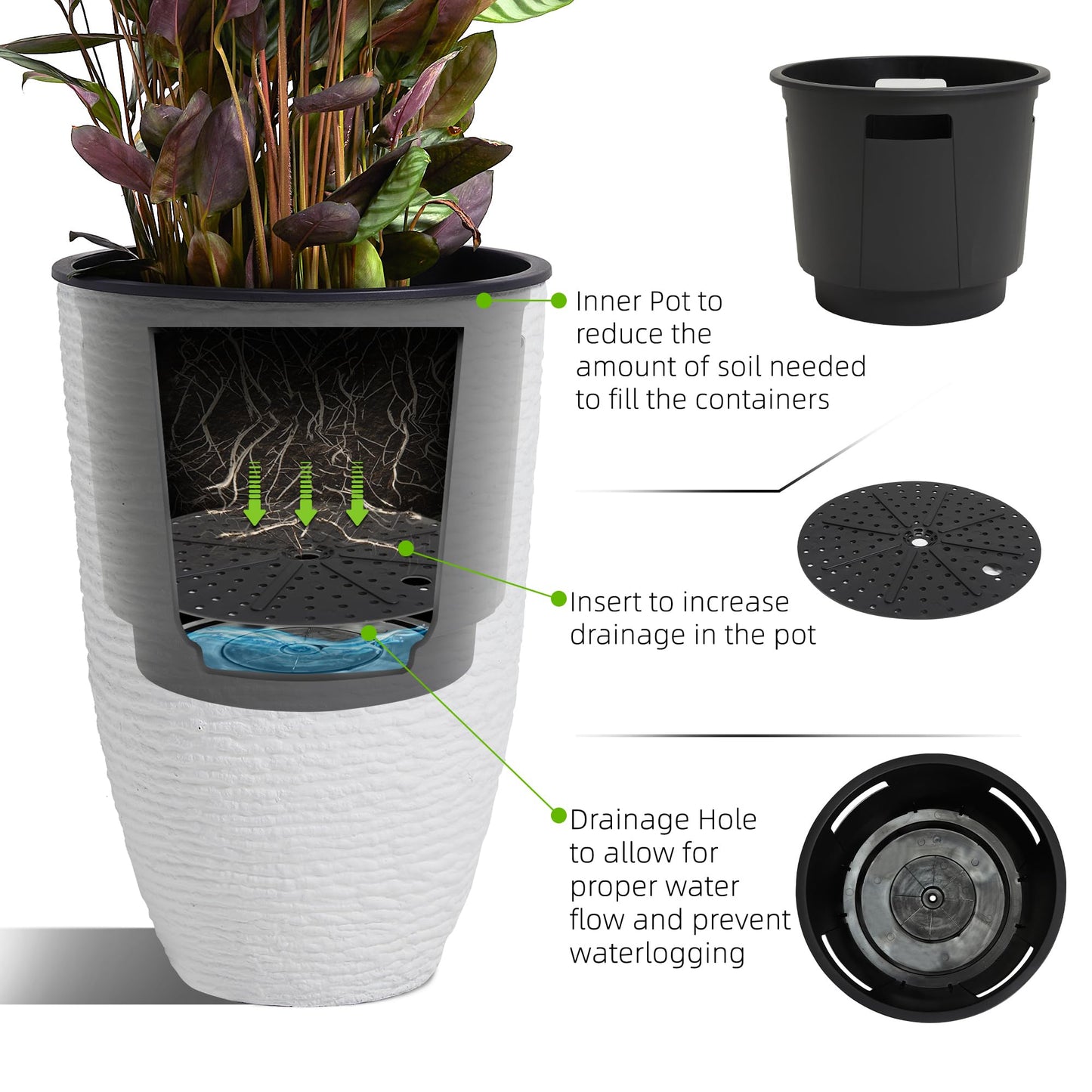 Worth Garden 2-Pack 21" H. White Tall Planters with Inside Pots - 14'' Dia Plastic Large Round Plant Tree Pots - Decorative Imitation Stone Finish for Indoor Outdoor Front Porch Container Patio