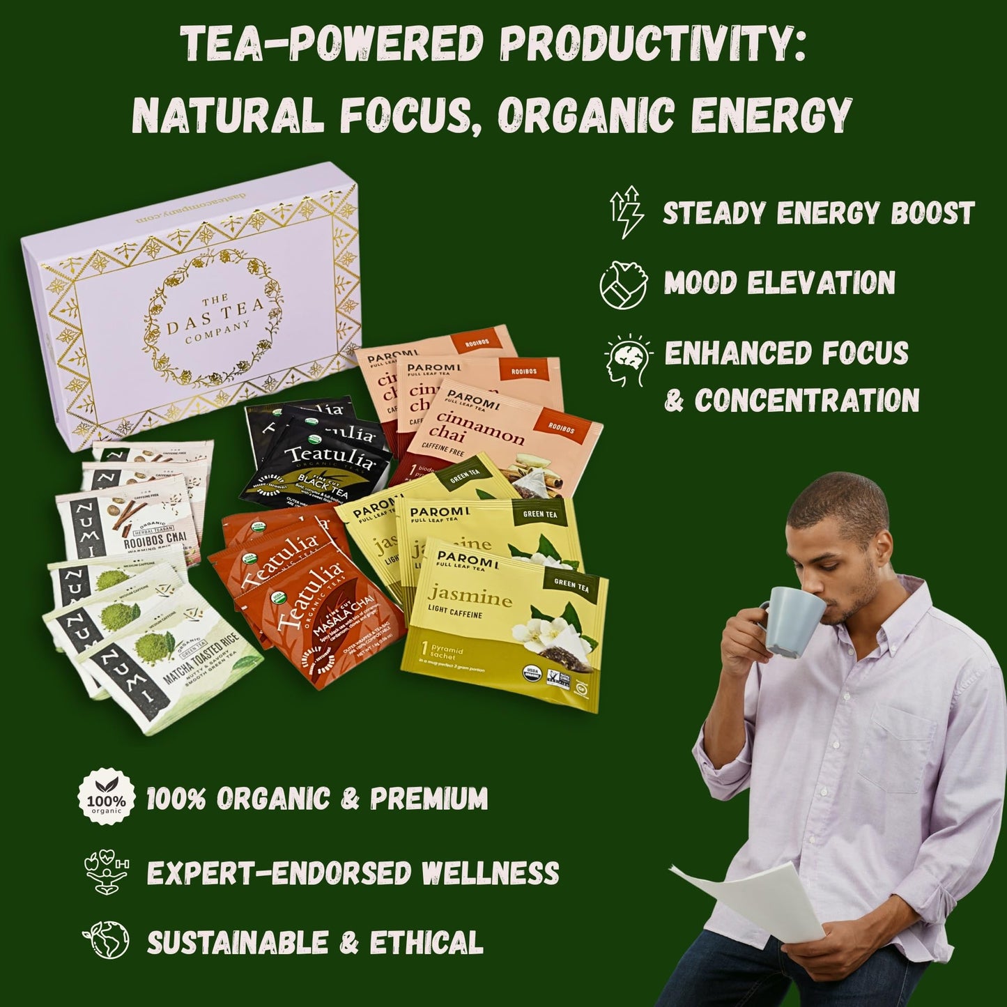 Tea Sampler Gift Set - Productivity Pack - 18 Assorted Organic Tea Bags - Supports Focus, Energy, Concentration, and Overall Wellness - Black, Chai, Matcha, Green, and More - Best Holiday Gifts 2024