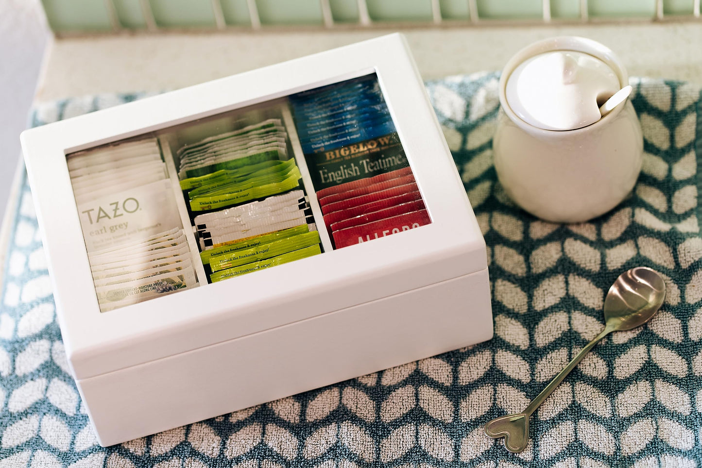 Break Tradition Wooden Tea Organizer For Tea Bags - Wooden Tea Chest With 6 Compartments - Clear Top Window - Lid Stays Open (White)