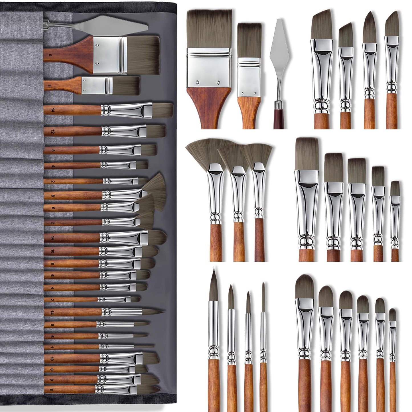 Paint Brush Set, Professional Paintbrushes with Palette Knife and Cloth Roll, Suitable for Beginners, Artists, Gouache, Oil, Face Painting(25pcs)