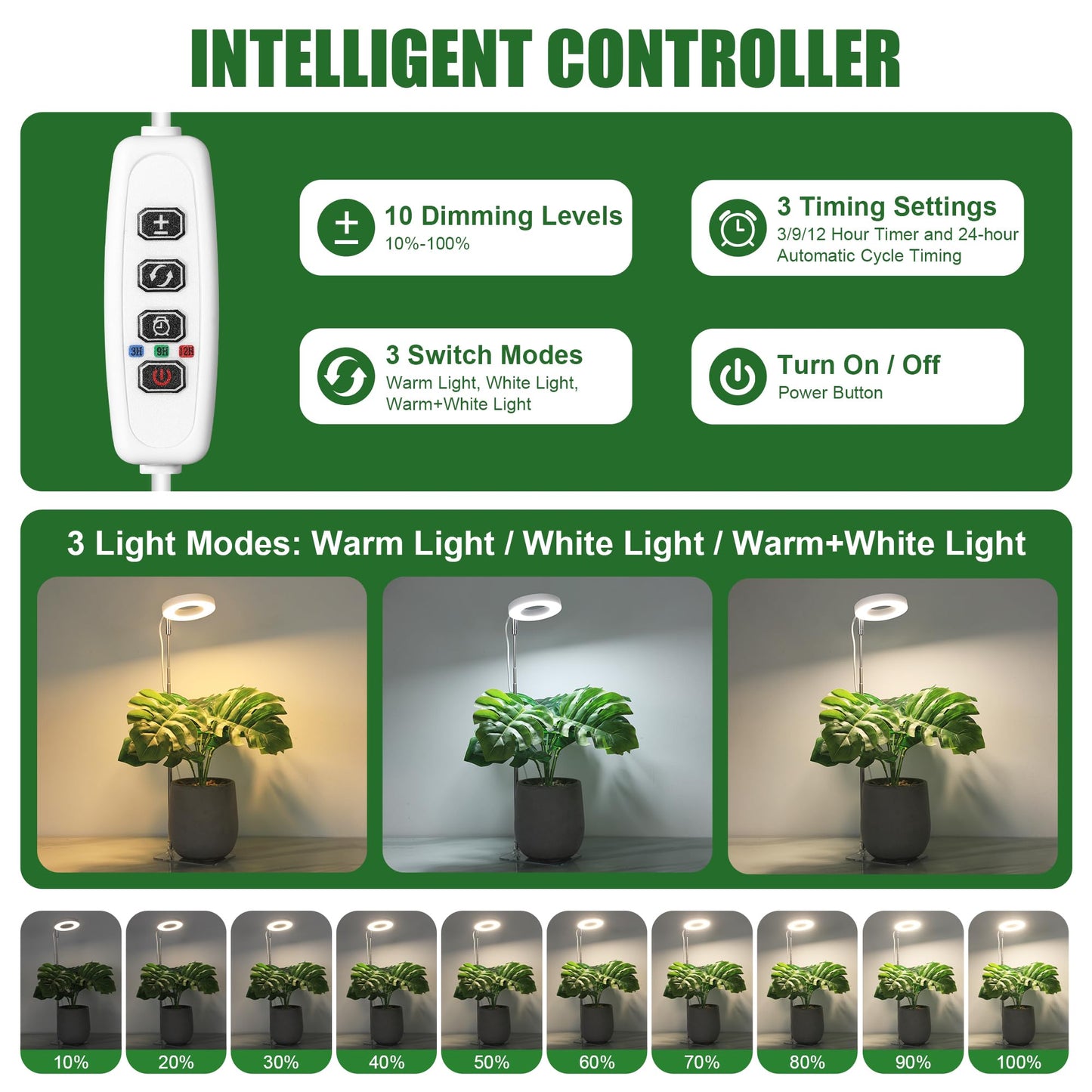 White Grow Lights for Indoor Plants Full Spectrum, 48 LEDs Plant Light for Indoor Plants, Height Adjustable, Small Halo Growing Lamp with Base, Auto Timer 3/9/12H, 3 Light Spectrums,10 Brightness