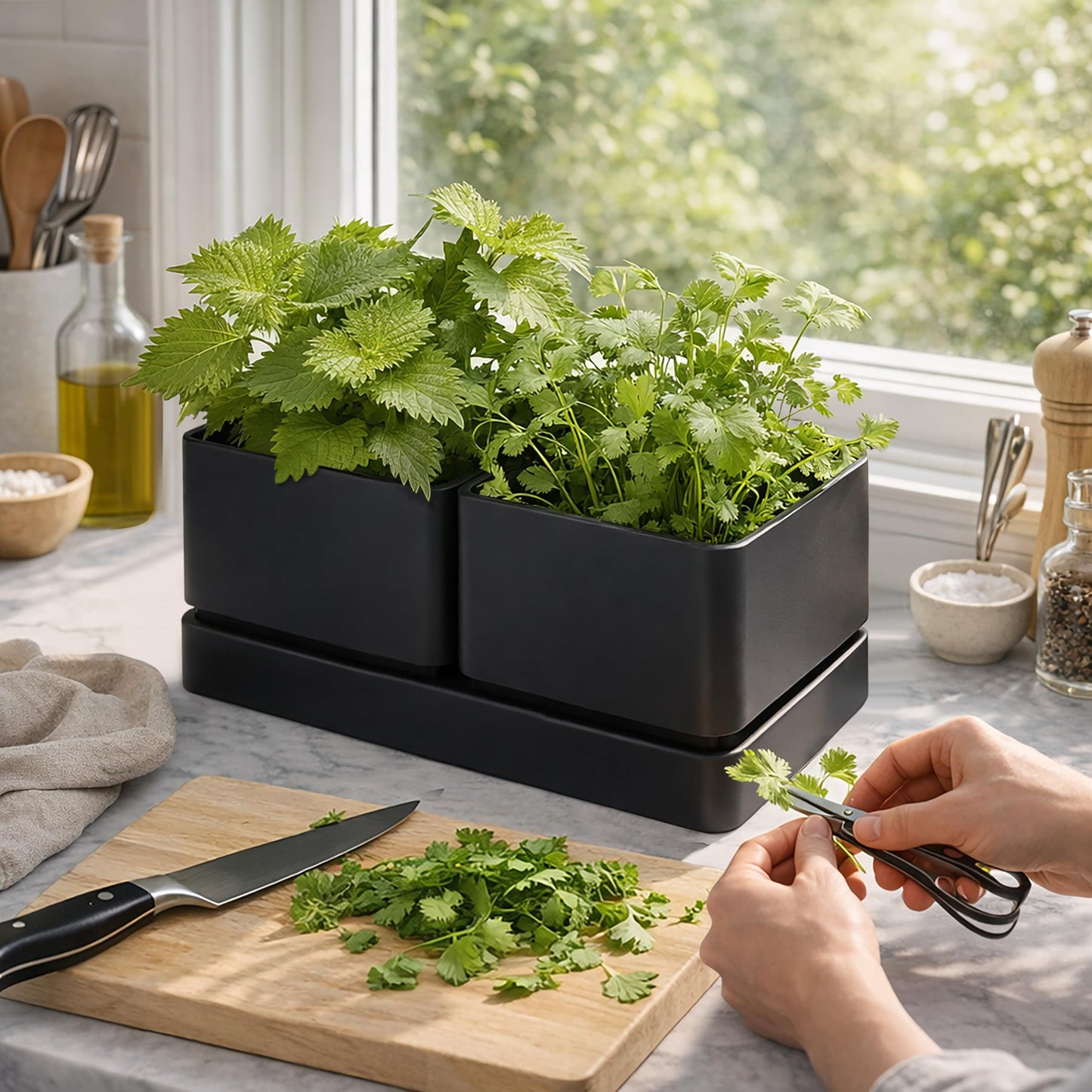 D'vine Dev Indoor Herb Garden Planter Set, Plastic Windowsill Plant Pots with Drainage and Saucer, Indoor Succulent Cactus Vegetable Pot for Balcony, Office, Garden, Black, Set of 1, 76-Q-B-1