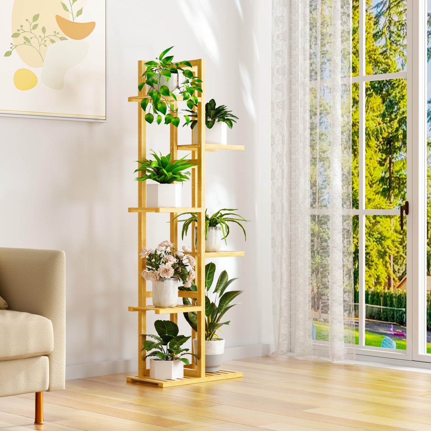 ROMGUAR CRAFT 6 Tier Bamboo Plant Stand Indoor, Wood Tall Flower Holder Corner Tiered Plant Shelf for Multiple Plants (Natural)
