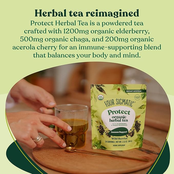 Four Sigmatic Protect Organic Herbal Tea | Immunity Tea w/Chaga & Adaptogens | Organic Chaga Tea w/Antioxidant-Rich Cherry, Elderberry & Blueberry | Vegan, Gluten-Free | Wild Berries, 24 Servings