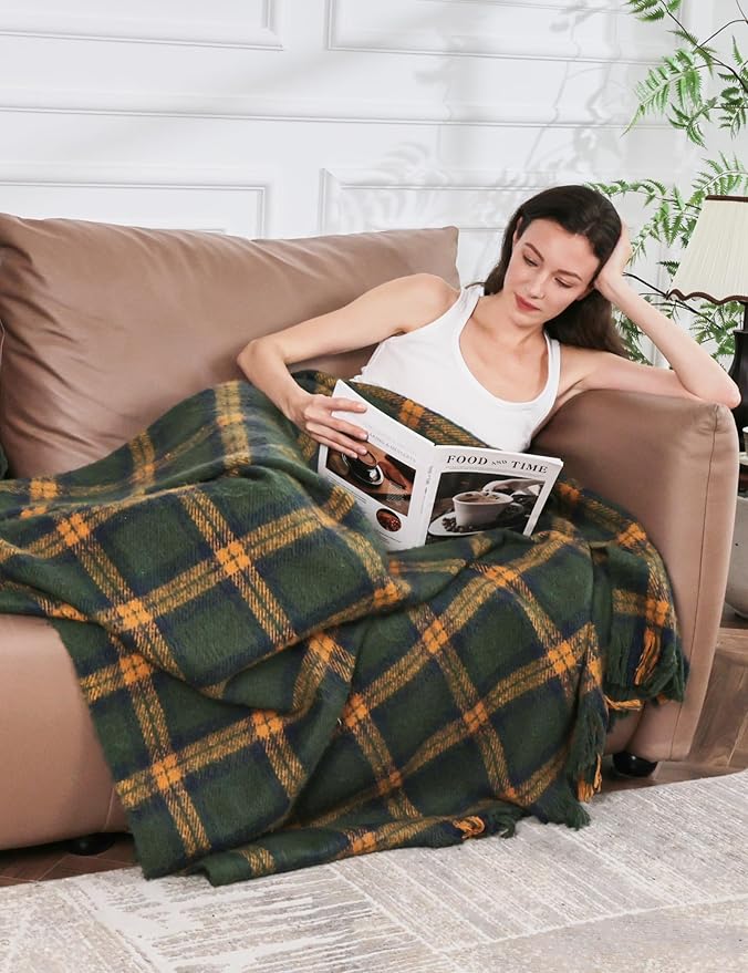 ZonLi Green Plaid Throw Blanket for Couch, Fall Throw Blanket for Home Decor, Soft Lightweight Cozy All Season Decorative Vintage Blankets with Tassel for Bed and Sofa, 50'' x 60''