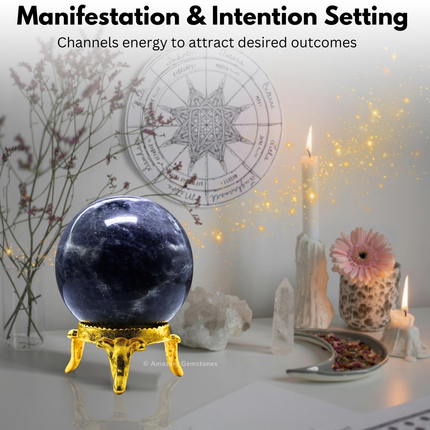 Amazing Gemstone Iolite Crystal Ball with Stand - 2 Inches Crystal Sphere Meditation Balls for Witchcraft and Decorative Balls