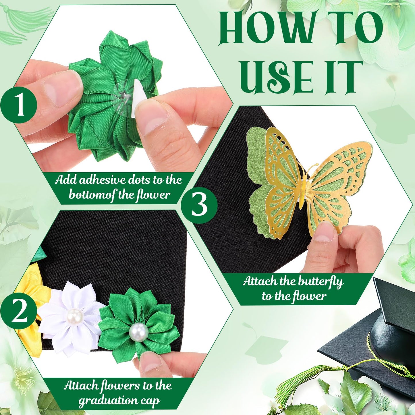 Dunzoom 36 Pcs DIY Graduation Cap Decorations Kit Graduation Ribbon Leis Decor Include Satin Fabric Flowers 3D Butterfly for Grad Hat Craft Party Supplies(Green)