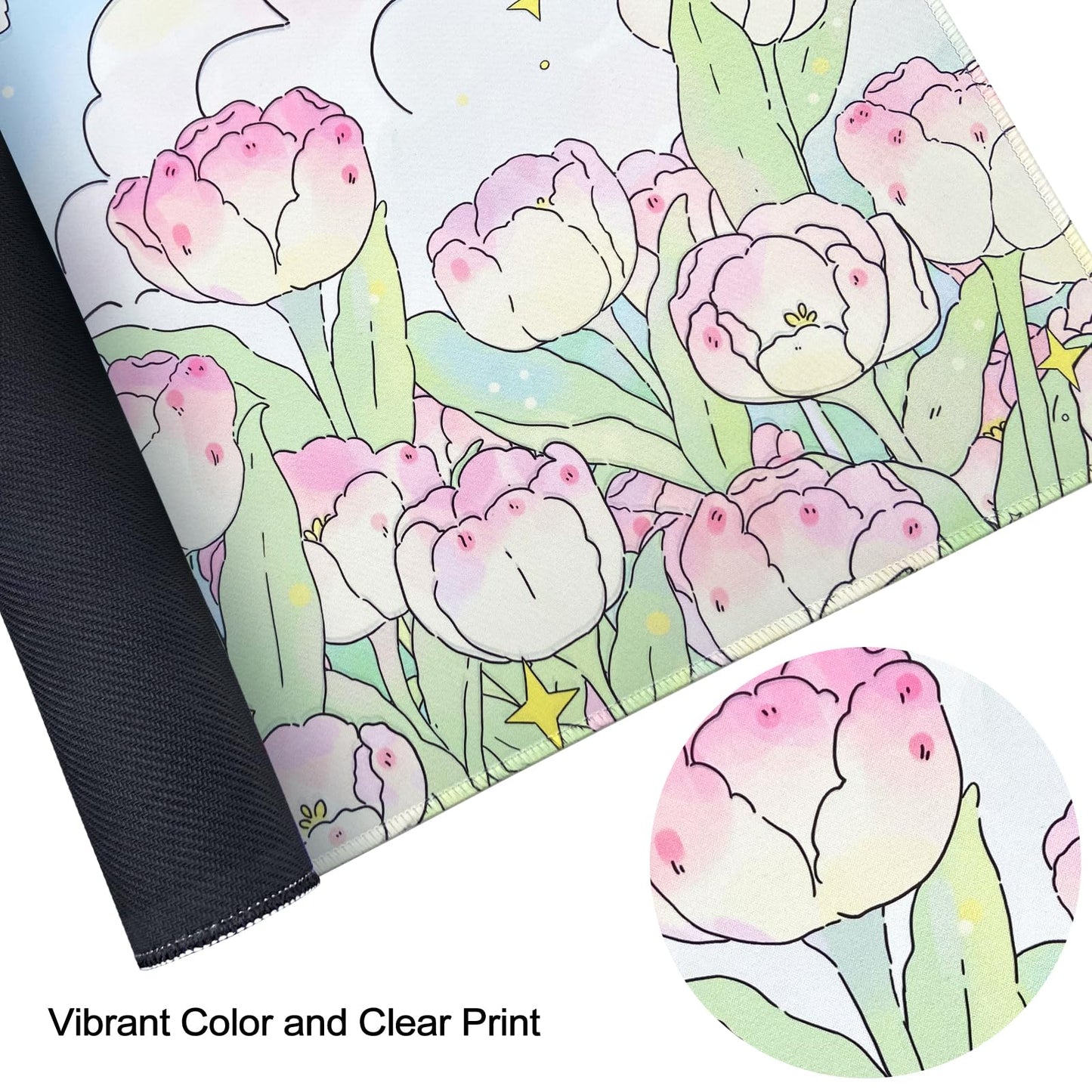 WSLUCKO Extended Large Gaming Mouse Pads Mat 35.4"x15.7"x0.12"(3mm Thick), Oversized Office Desk Mat with Stitched Edges (Cute Tulips)