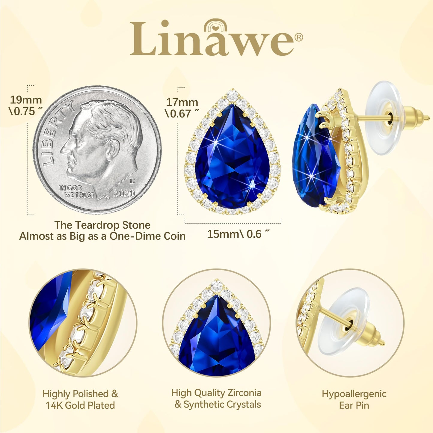 Linawe Imitation Diamond Earrings for Women, Gold Aquamarine Cubic Zirconia Sapphire Royal Blue Stud Earrings, Navy Blue Teardrop Statement Rhinestone Earrings Studs