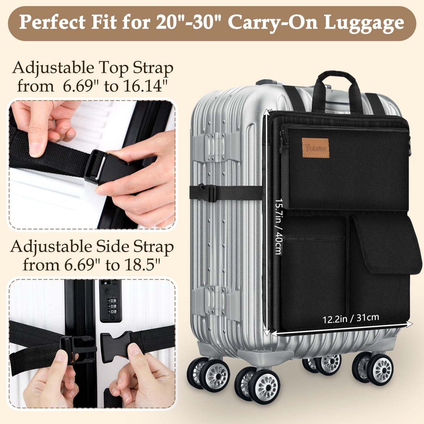 Yotako Over Luggage Organizer for Suitcase or Carry On Bag with 7 Storage Pockets-16” Laptop Sleeve with Handle and Adjustable Straps, Fits 20-30” Suitcase Travel Accessories Bag (Black)