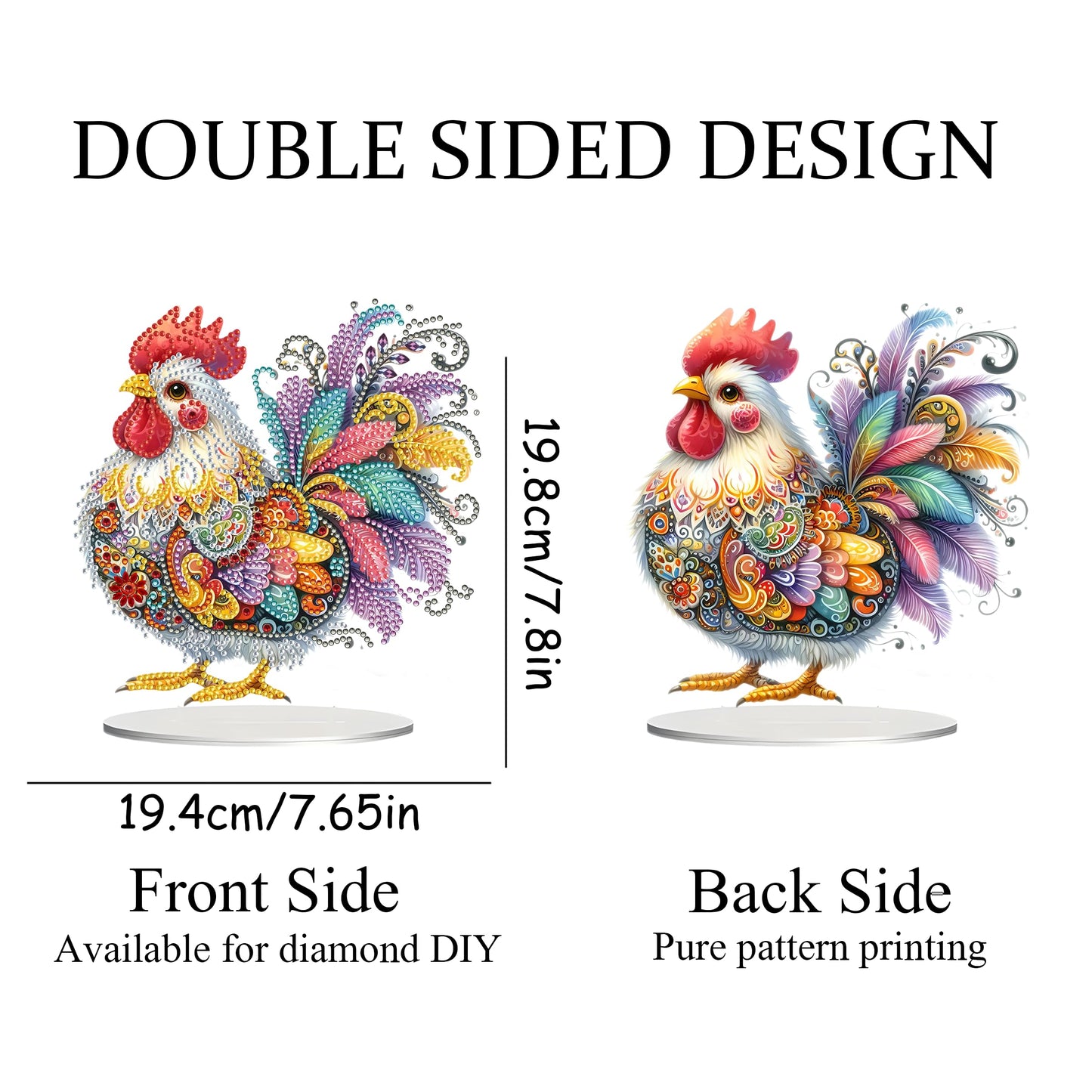 JJFox DIY Tabletop Diamond Art Painting Kit，Special Shaped Rhinestone Desk Placement Ornament，Home Stand Up Gem Painting Craft Kit，Gift,Double Sided. (Rooster-1)