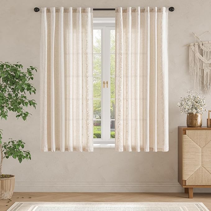 jinchan Winslow Linen Curtains for Bedroom 63 Inches Length Embroidered Bordered Floral Curtains for Living Room Farmhouse Decor Light Filtering Window Treatments Ivory on Beige Drapes 2 Panels