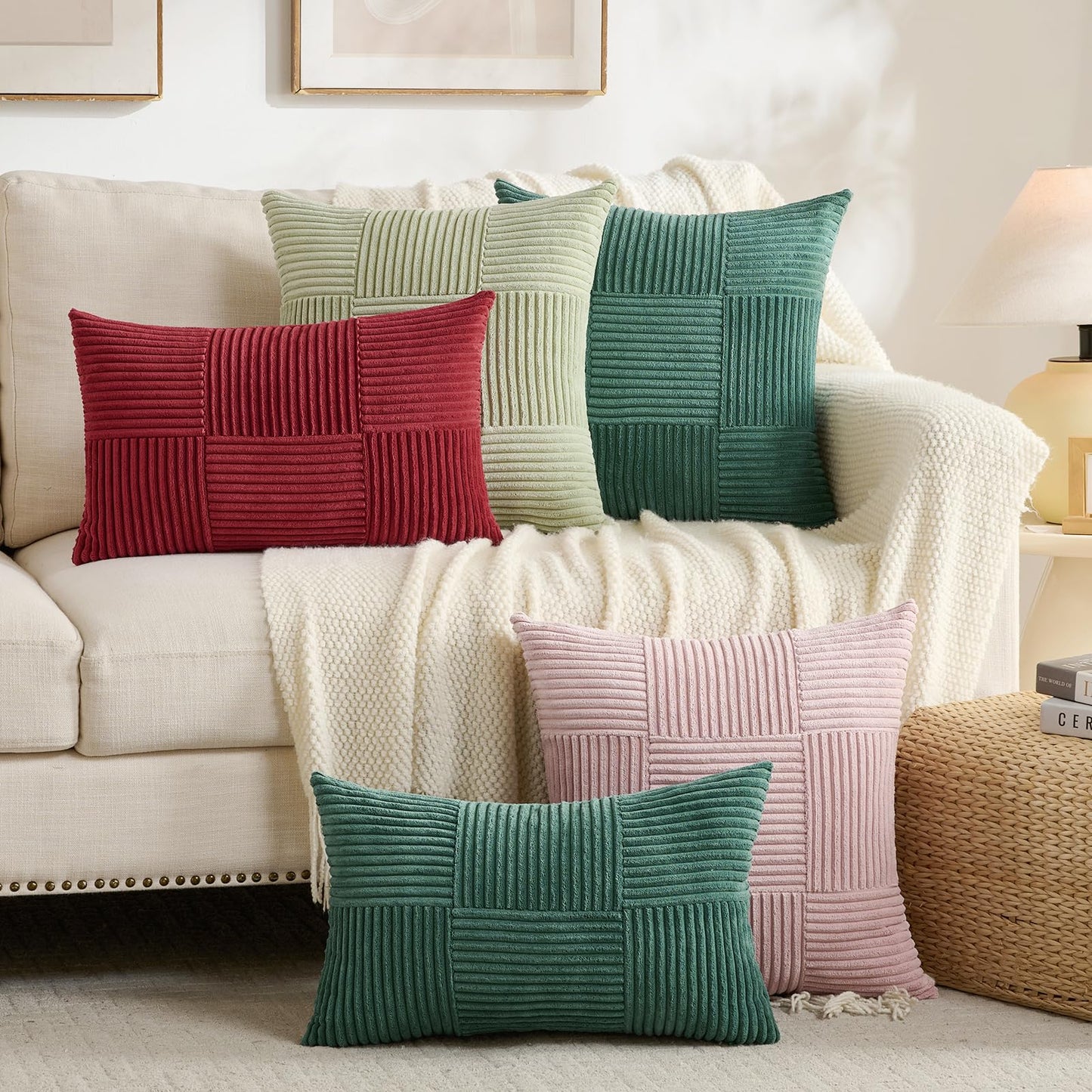 Fancy Homi Set of 2 Rust Boho Decorative Throw Pillow Covers 20x20 Inch for Living Room Bedroom Couch Bed Sofa, Modern Farmhouse Home Decor, Soft Striped Patchwork Plaid Corduroy Accent Cushion Case