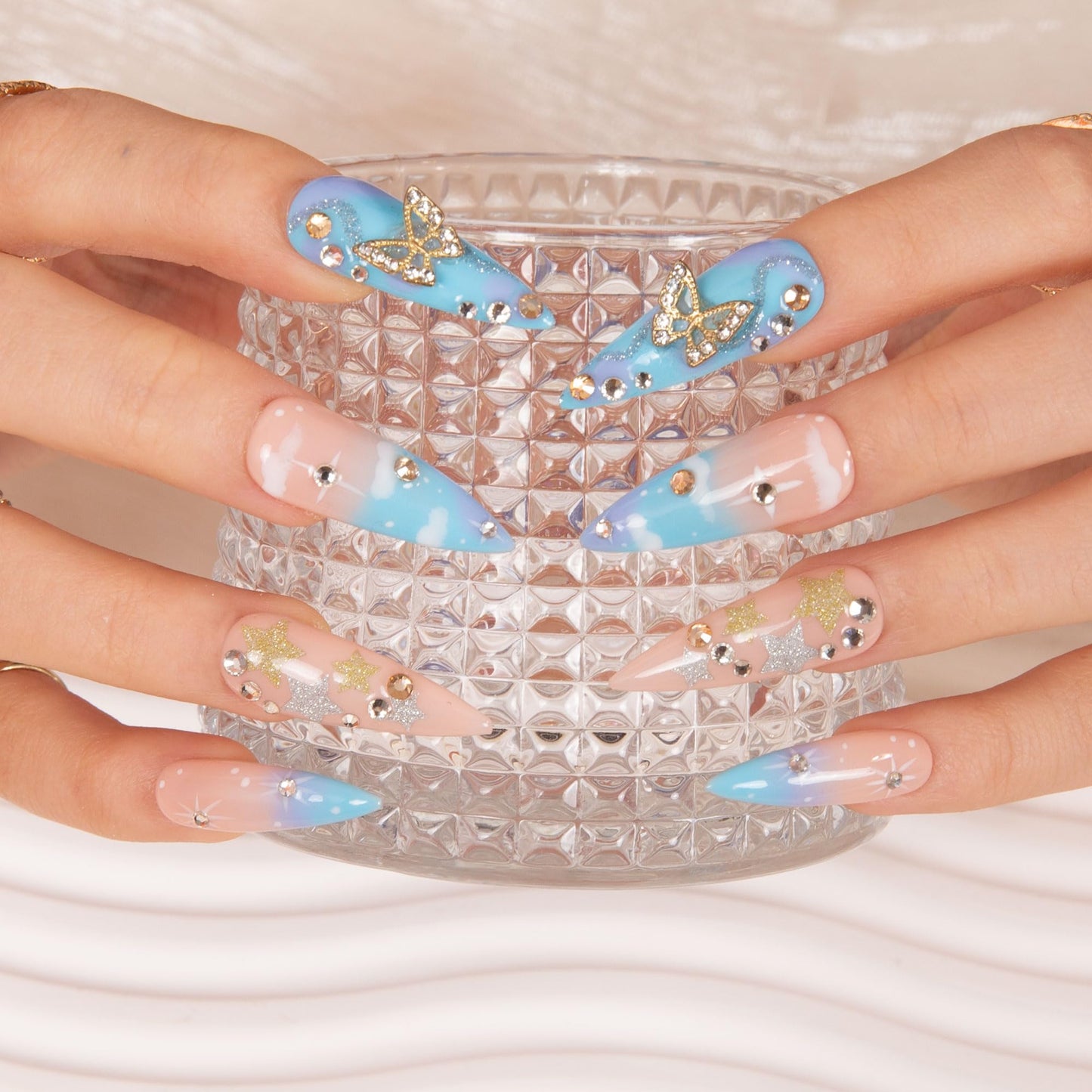 LOVFUL Press on Nails Dreamland | Handmade with Full Covered Crystals | Reusable Full Cover Nails | Stiletto Classic Regular 1.3 in | H350-M