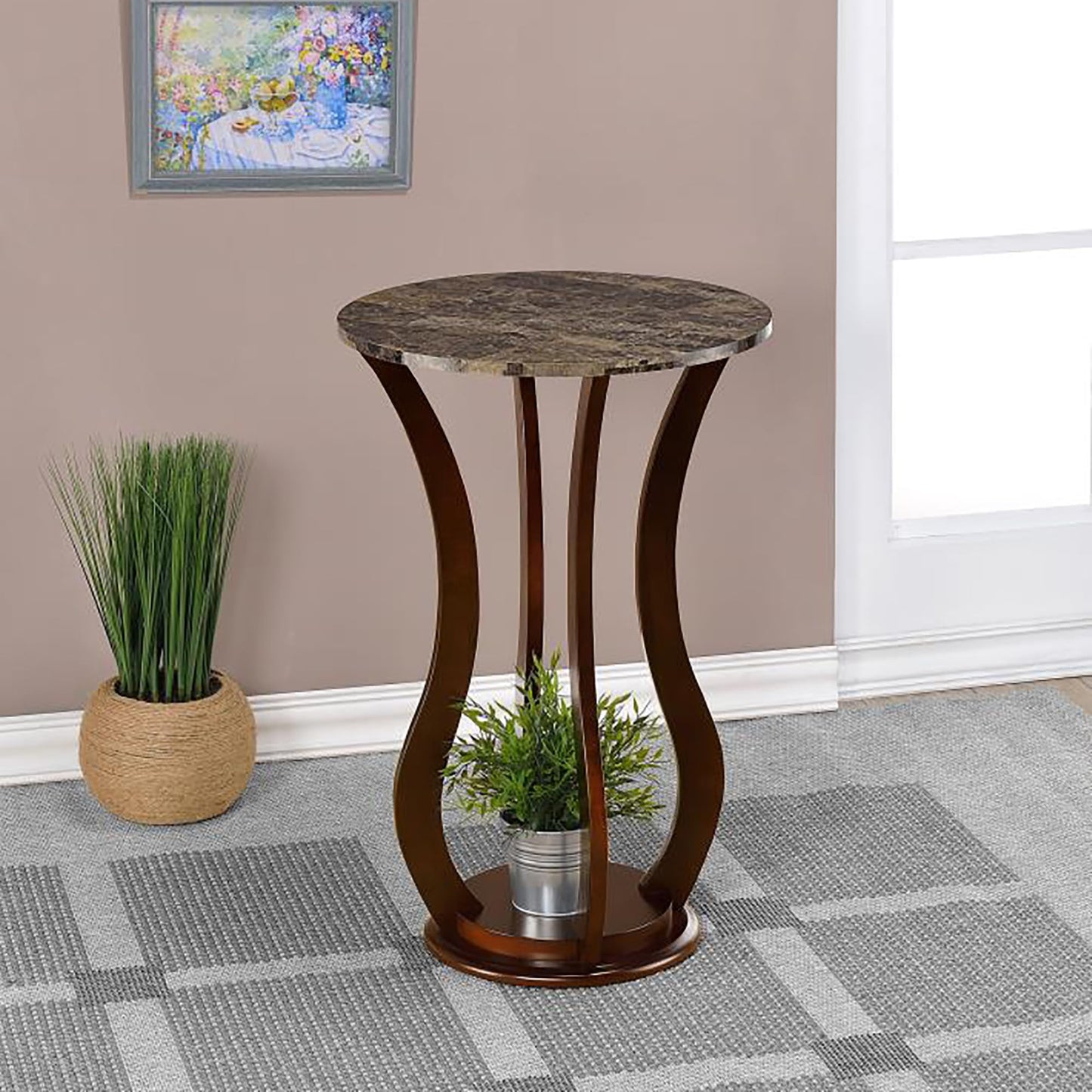 Kaimei Accent Table, 28.5 inch Round Plant Stand with Faux Marble Top and Wooden Base for Living Room