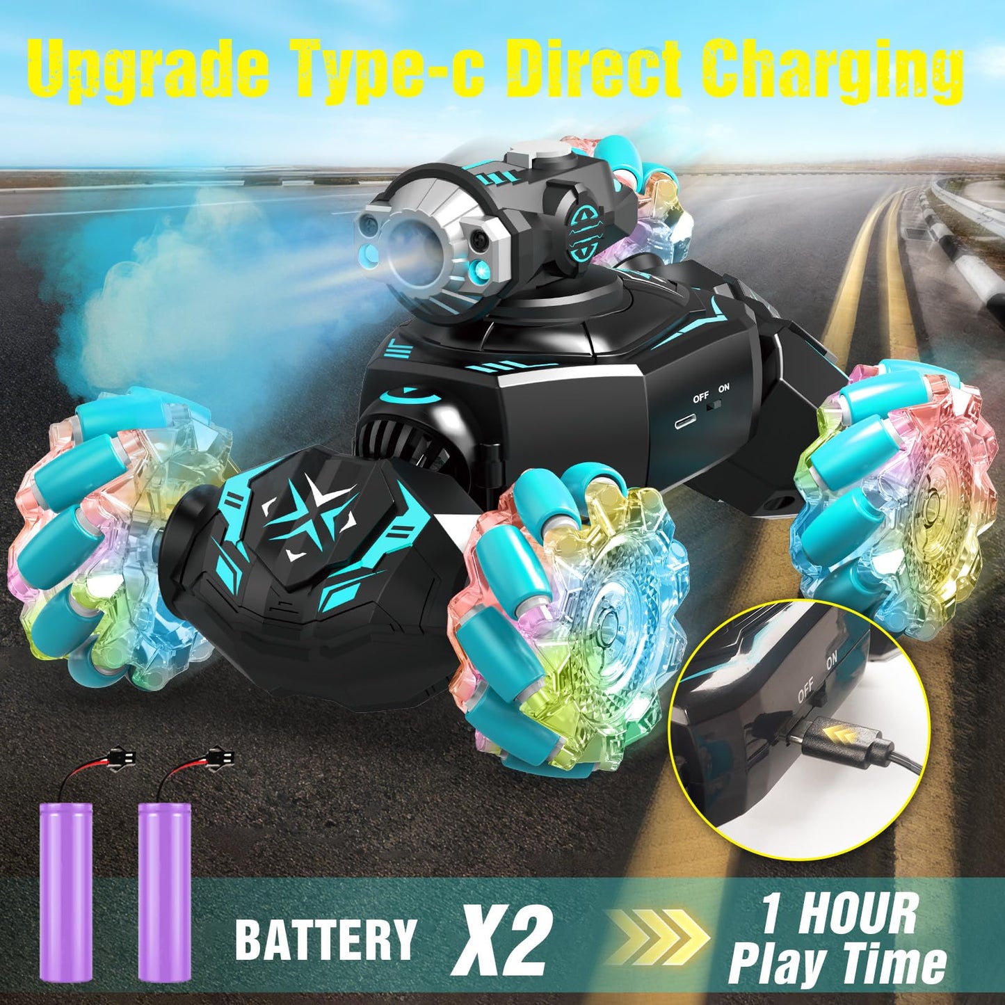 FDCTR Gesture Sensing Remote Control Car, RC Cars Toys for Boys Age 6-12, 4WD Hand Controlled Twist & Transform 360° Spins Stunt Car with Mist, Light & Music, 8-10 Year Old Boys Birthday Gift Blue