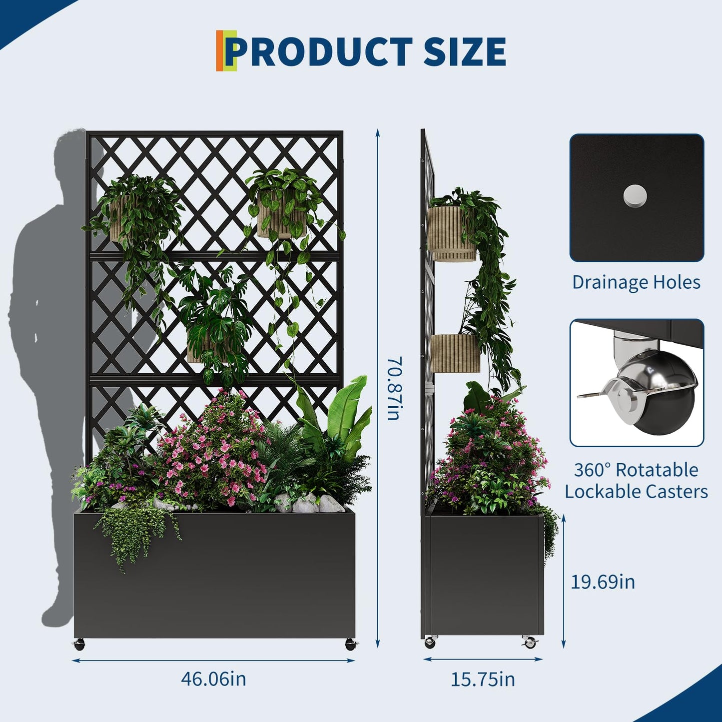 STMHOM Steel Raised Garden Bed with Trellis & Wheels, Mobile Planter Box for Climbing Plants, Privacy Screen Planter with Lockable Casters, Drainage Holes for Vegetables & Vines, 71"X46"X16"