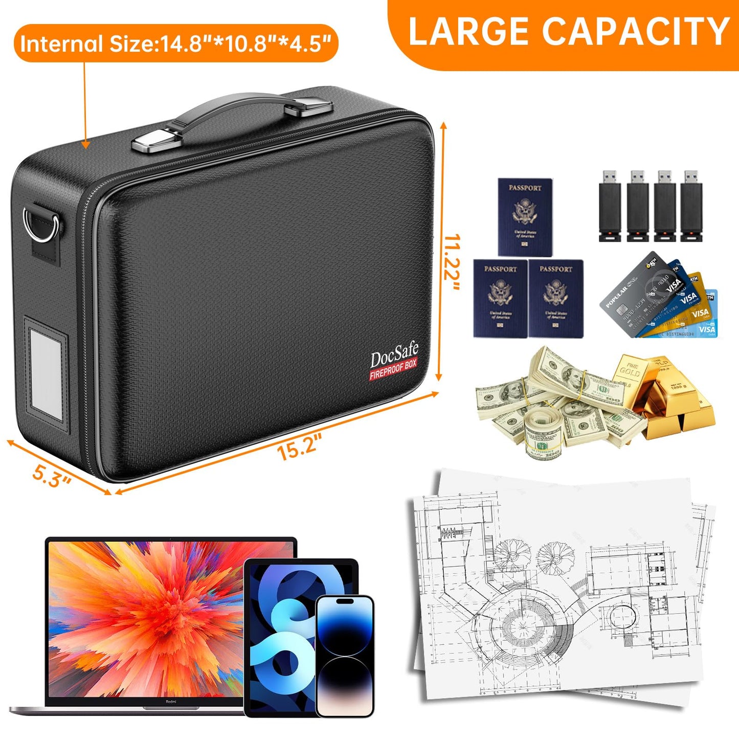 DocSafe Fireproof Document Box with Lock＆Shoulder Strap, Hard-Shell Case File Organizer with Accordion File Folder, Multi-Layer Portable Home Office Travel Safe Storage for Important Documents Laptop