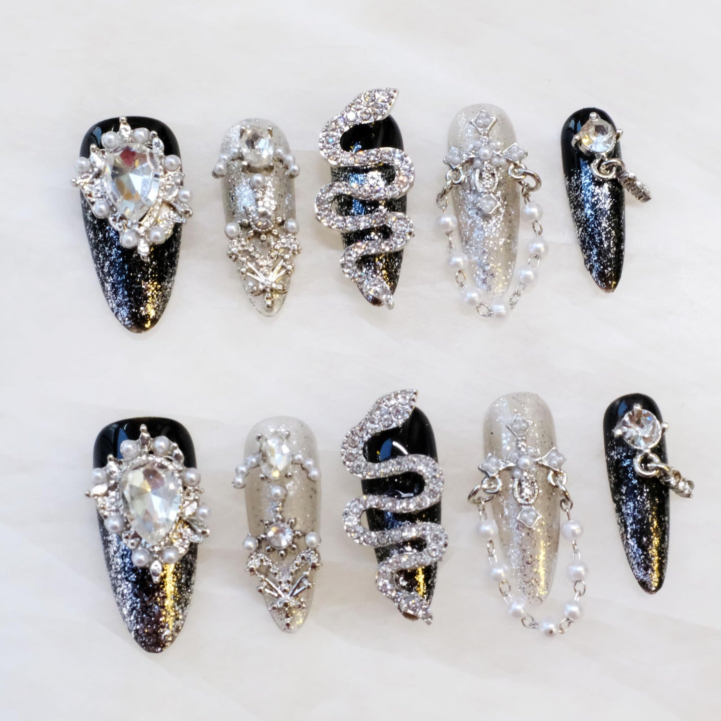 GLORS Luxury Long Almond Press-On Nails, Black and Silver Glitter with 3D Rhinestones and Pearl Accents, Handmade False Nail 10 Pieces (Small, LS)
