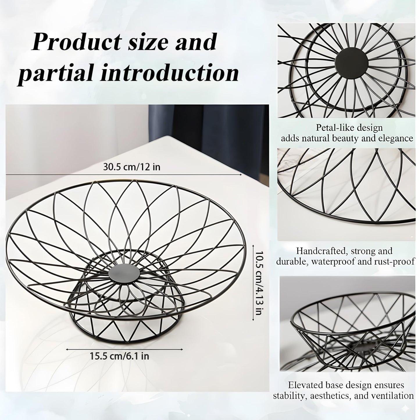 AIYICIII Large Metal Wire Fruit Bowl, 12-inch Round Mesh Fruit Basket for Kitchen Countertop, Modern Decorative Bread Vegetable Storage Holder Organizer, Sleek Black Iron Art(Black)