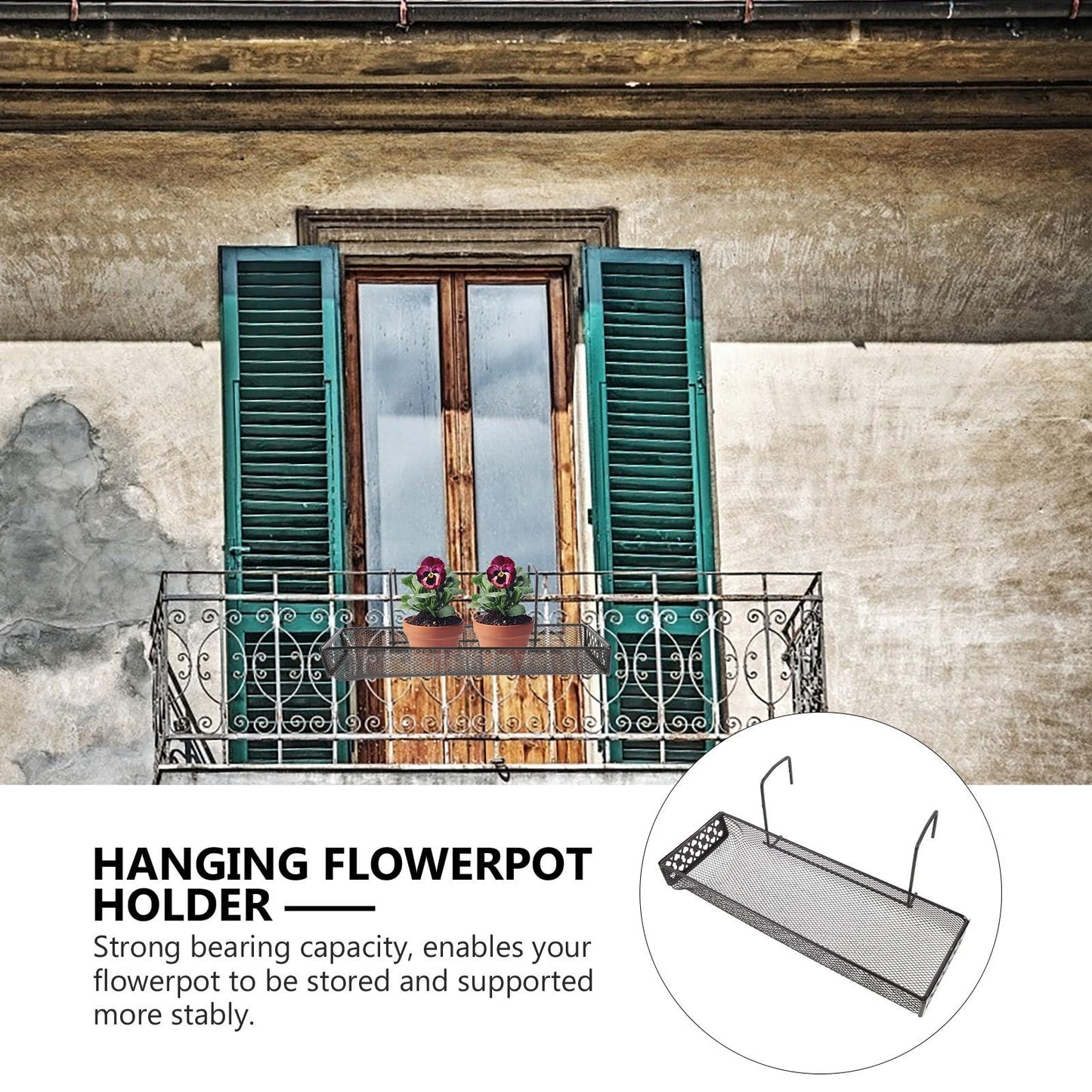 IDEANATEGRATE Hanging Flower Rack Indoor Iron Plant Stand Hooks Black Metal Balcony Garden Patio Railing Shelf
