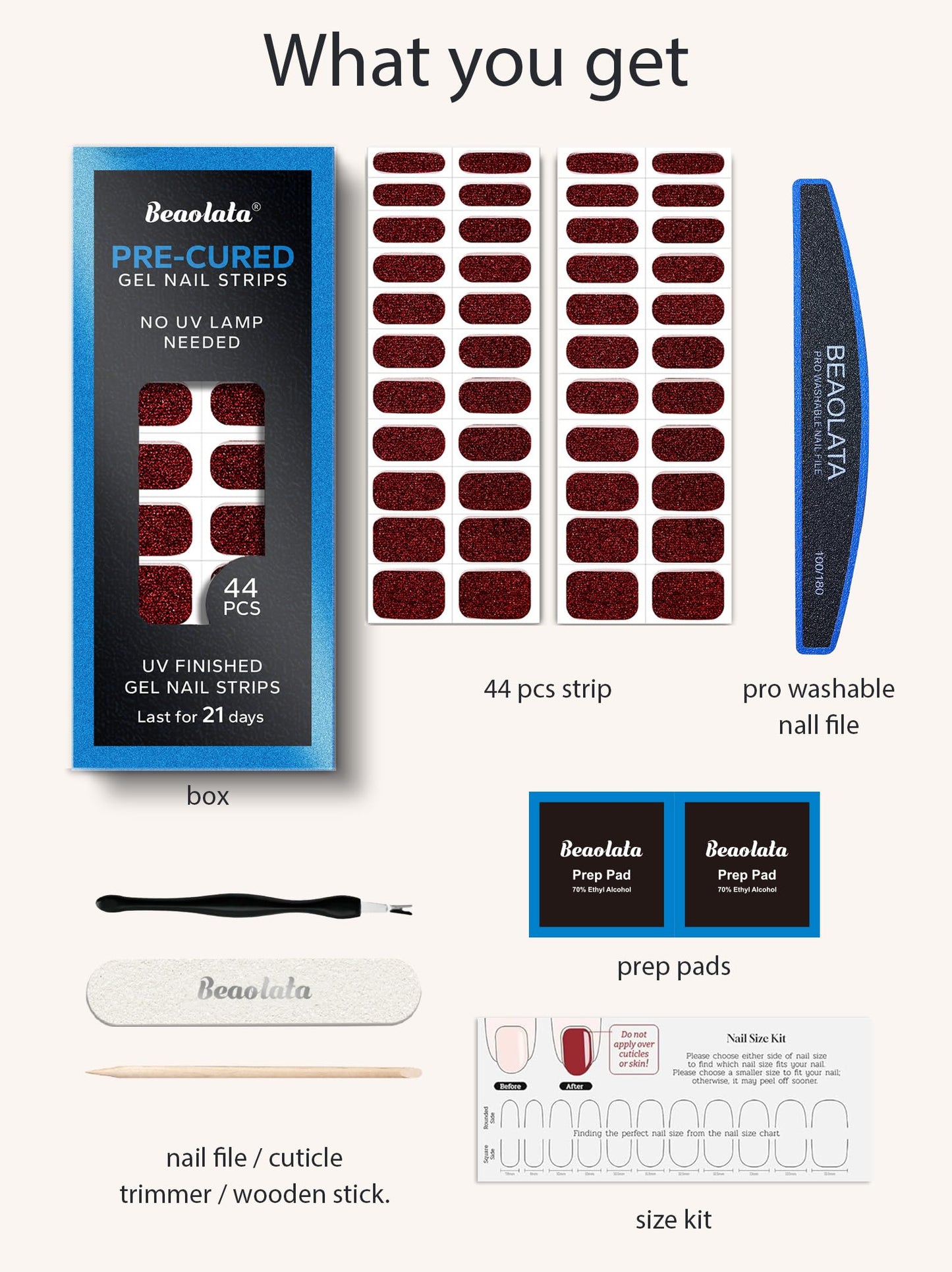 Beaolata Real Gel Nail Strips (No UV Light Needed) - 44Pcs Salon Quality Nail Stickers - Long Lasting Polish Wraps for Women, Easy Apply & Remove (Midnight Ruby)