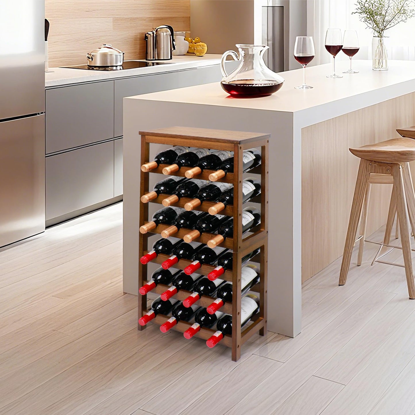 Thalomely Wine Rack Free Standing Floor, 6-Tier 24 Bottles Display Wine Storage Shelves with Table Top, Easy-Assembly Freestanding Bamboo Wine Racks for Kitchen Dining Room Bar, Walnut