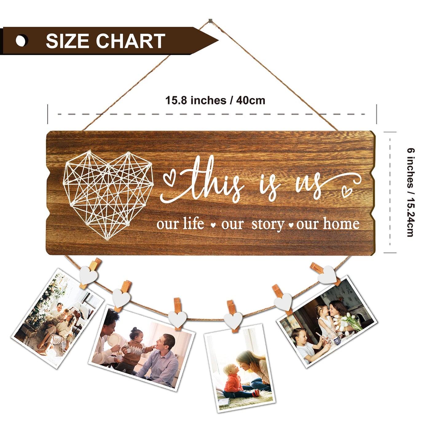 Buecasa Housewarming Gifts New Home Sign Decor - Rustic Wall Hanging Picture Frame with 6 Heart Clips -This Is Us Wall Decor 15.8x6.0 Inches