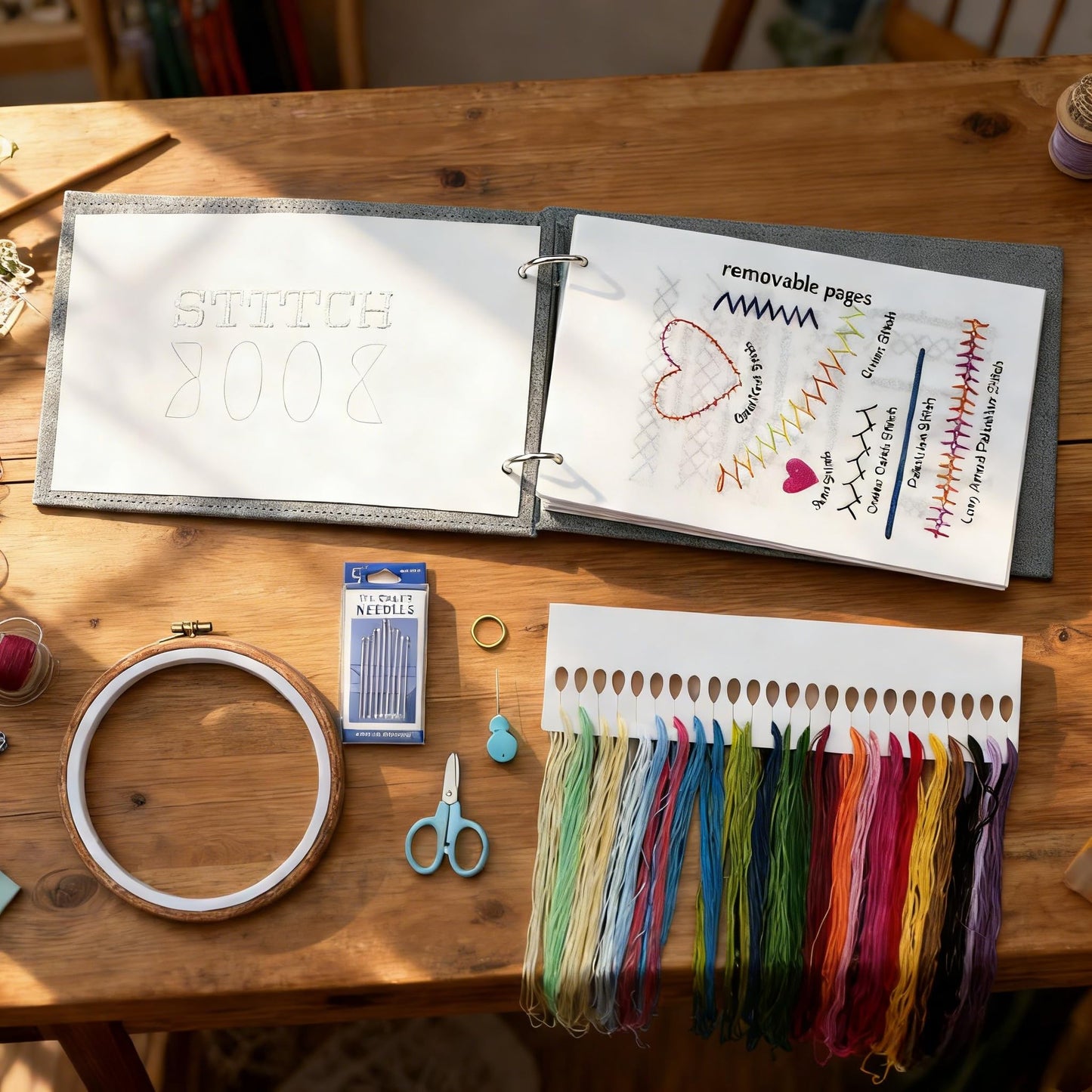 Embroidery Kit with Ring Binder Removable Pages Stitch Book, Patterns, Hoop, Floss, Needlepoint Craft Kit - Cross Stitch for Beginners and Adults