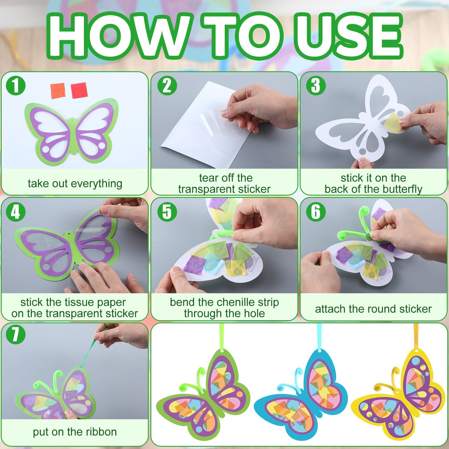 Motipuns 24 Pcs Butterfly Suncatchers Craft Kits DIY Butterfly Shaped Stained Glass Effect Tissue Paper Kits Bulk for Window Decor Spring Summer Party Favors Home Art Activities Gift Supplies